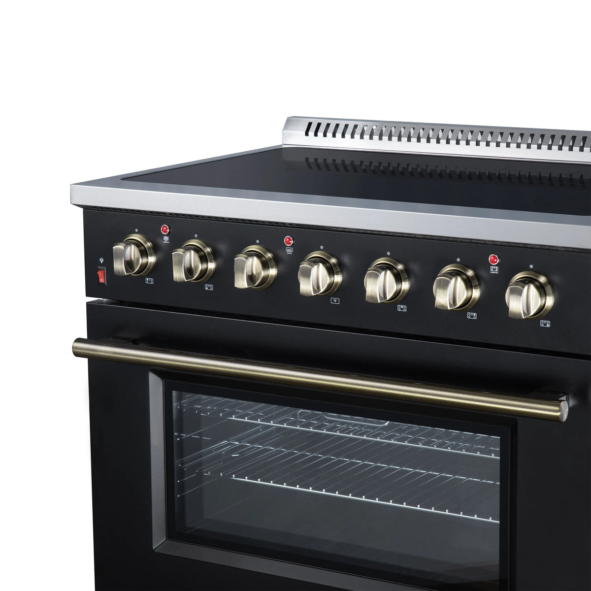 Black electric range front with brass control knobs and oven door window