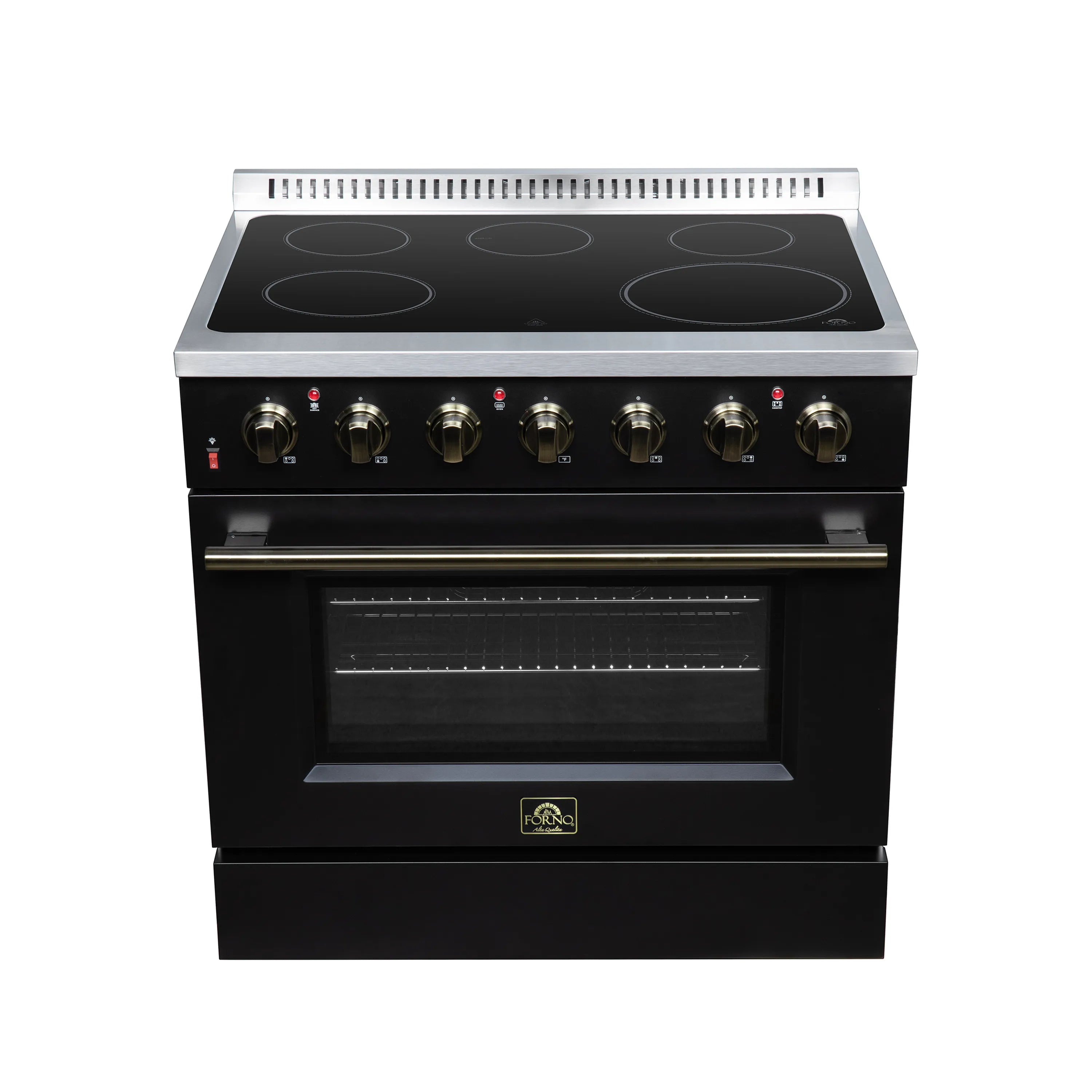 Black electric range with four radiant coil burners and brass-trim control knobs