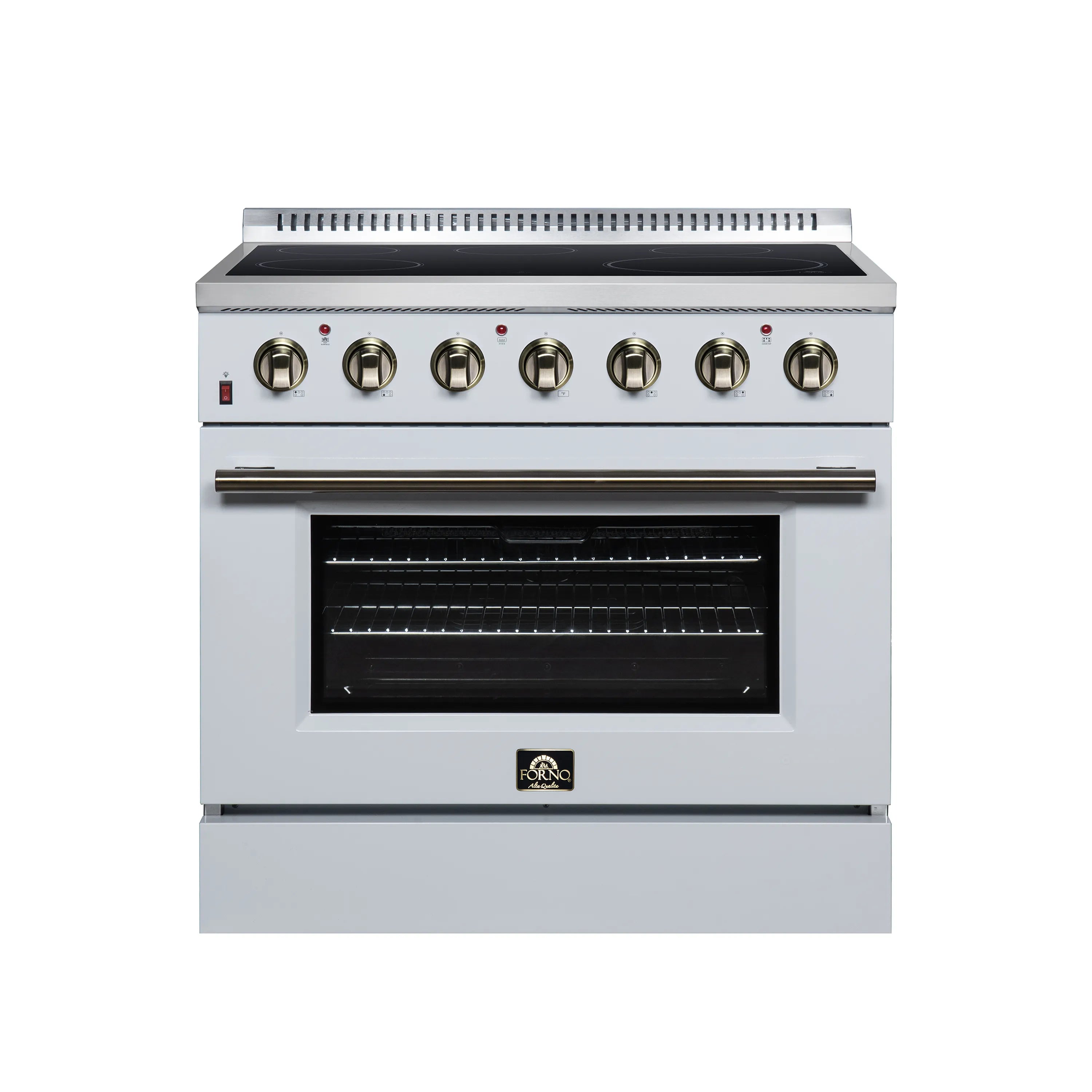 White electric range with 8 control knobs, black glass oven door, and warming top