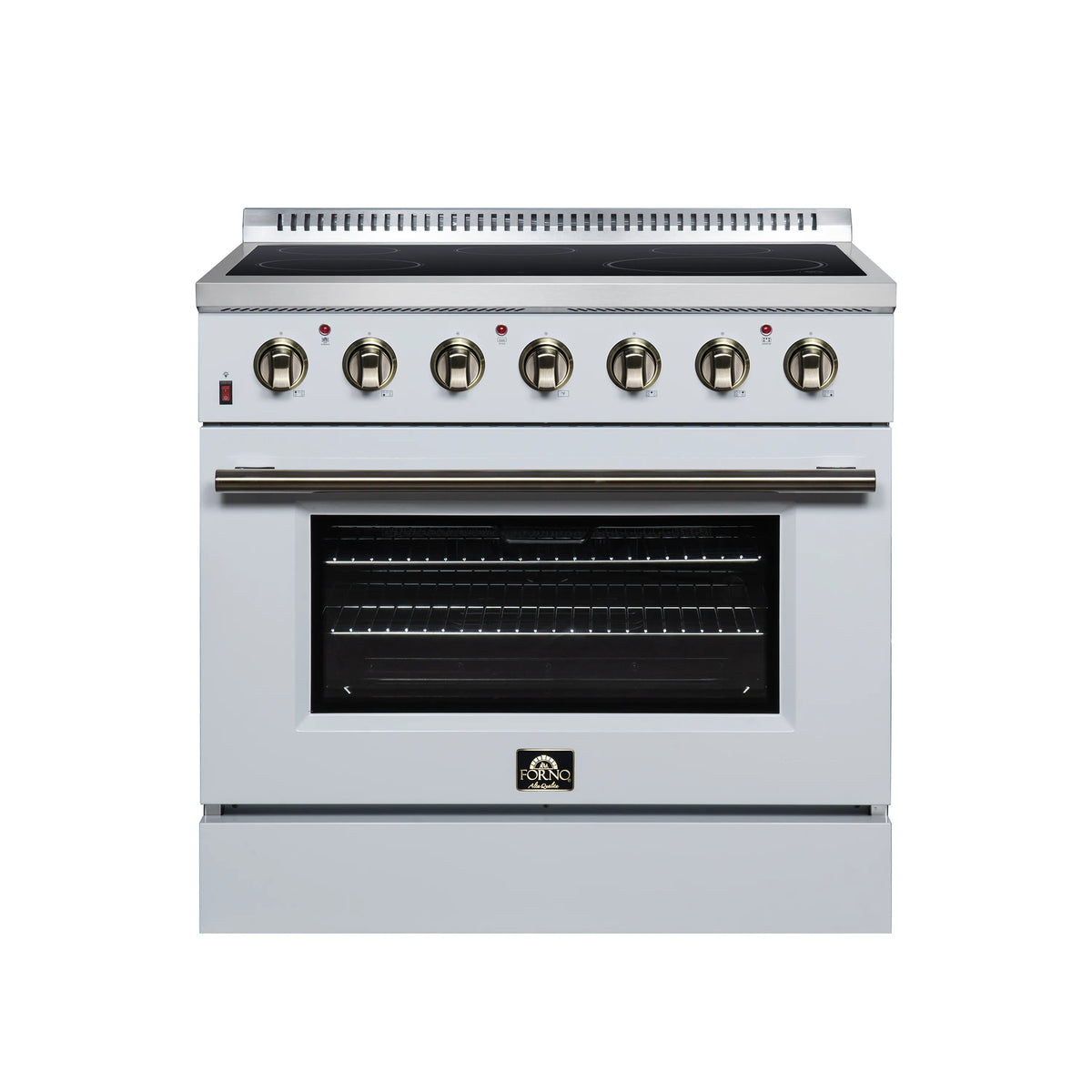 FORNO Galiano 36-Inch Freestanding Electric Range with 5 Radiant Burners, 5.36 Cu. Ft. True Convection Oven, Air Fryer Kit in White with Antique Brass Trim (FFSEL6083-36WHT)