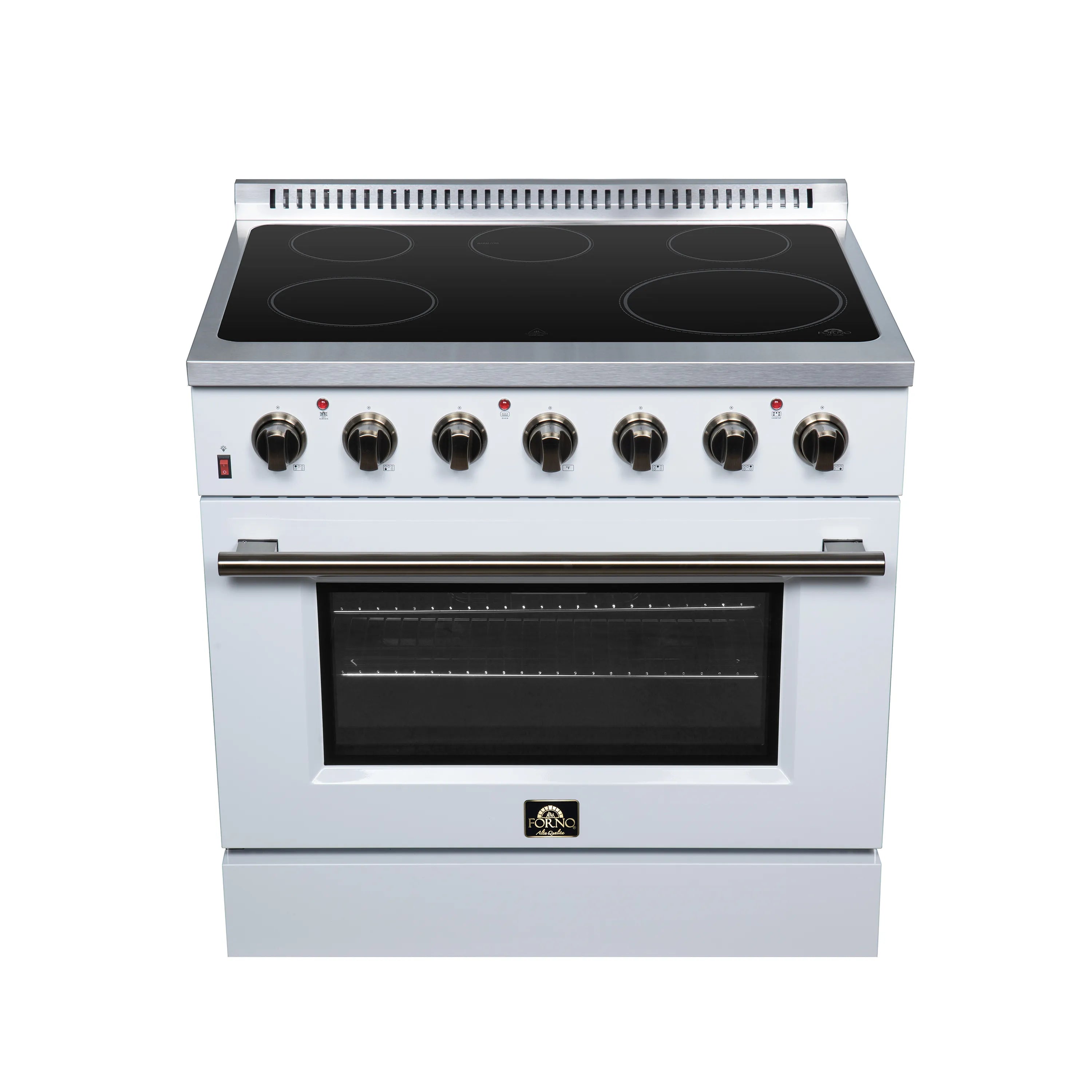 White freestanding electric range with black radiant cooktop and brass-finish knobs.
