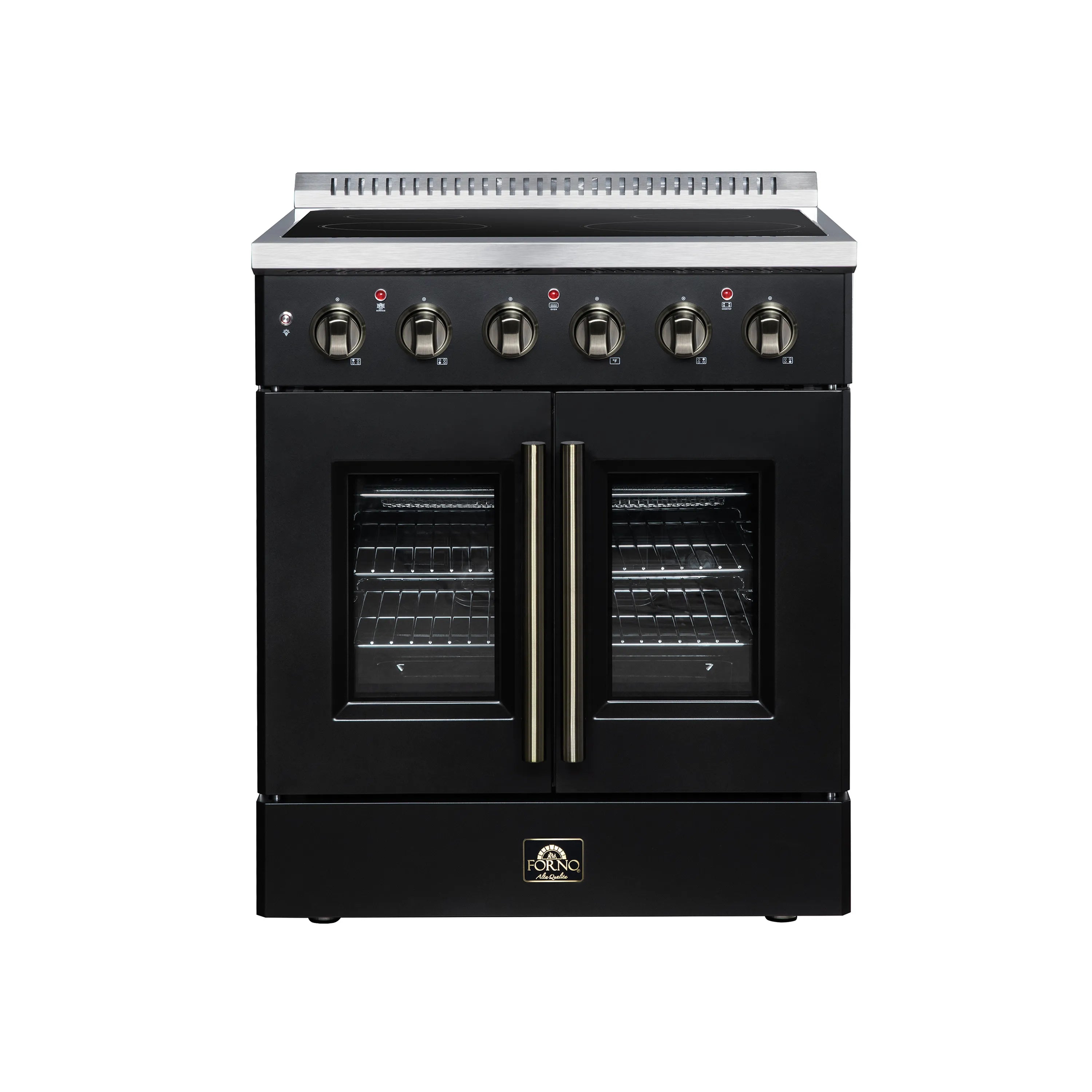 Black electric range with French-door oven, brass handle and top control panel