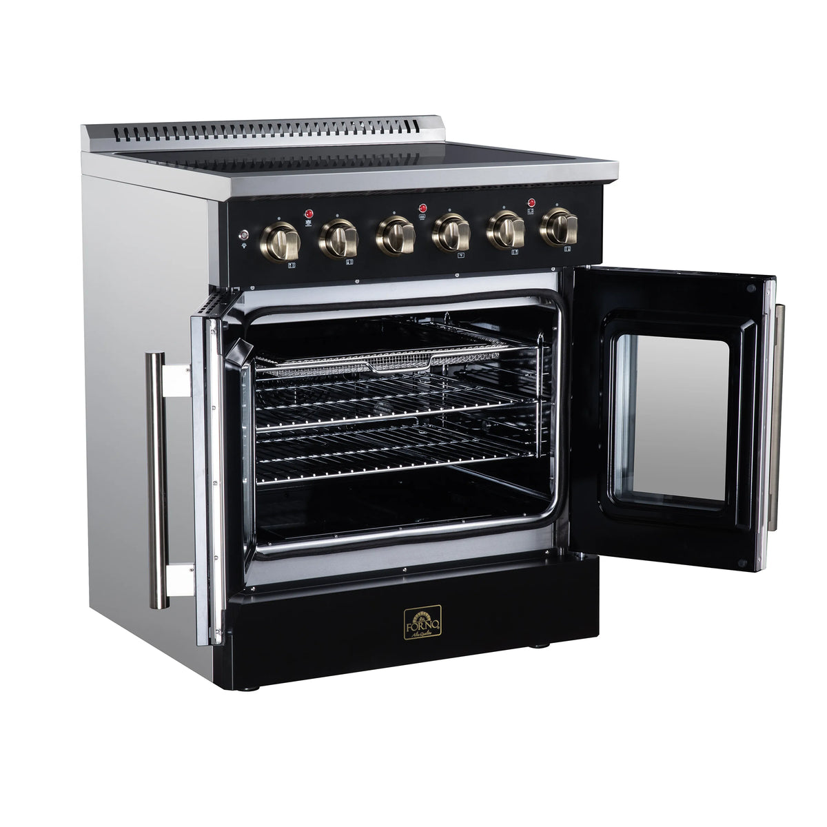 French-door electric range with oven door open, showing racks inside the cooking chamber