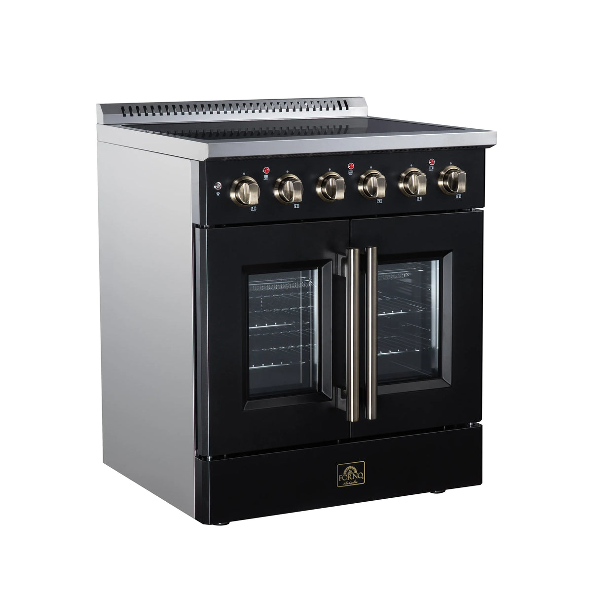 Black electric range with radiant cooktop, brass knobs, and two stacked oven doors