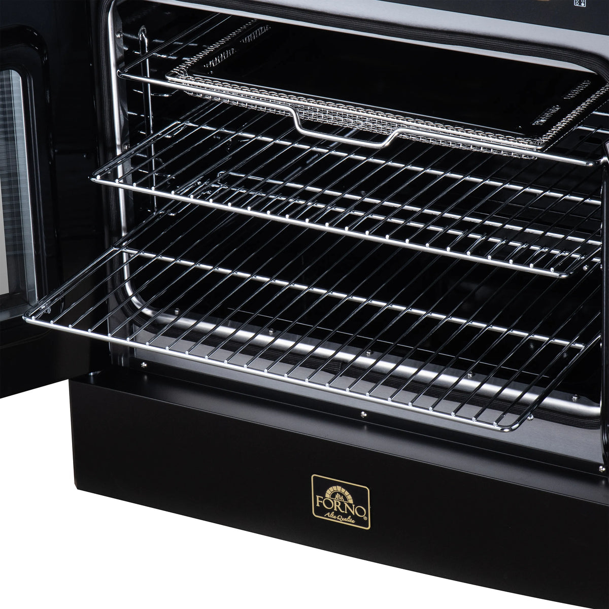 Black convection oven with wire rack shelves and a visible heating area at the top