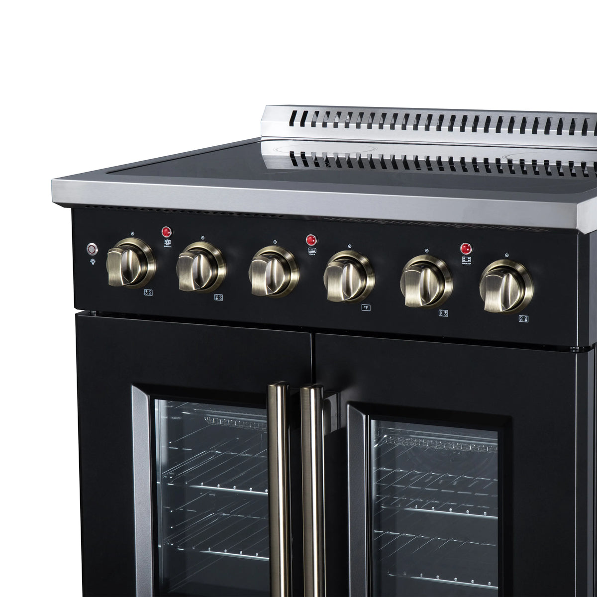 Black electric range front with radiant burner control knobs and two glass oven doors