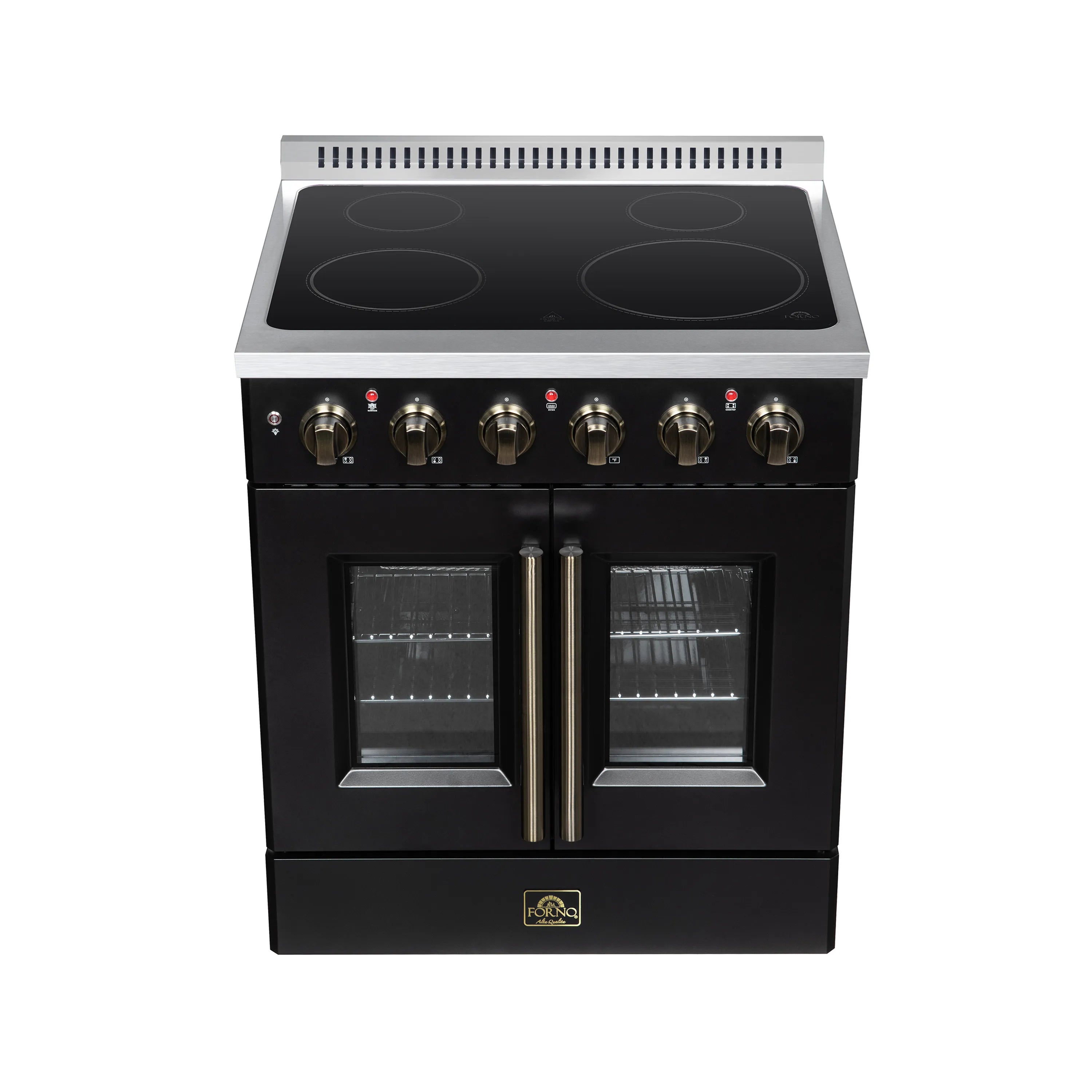 Black electric range with glass radiant cooktop, control knobs, and two oven doors