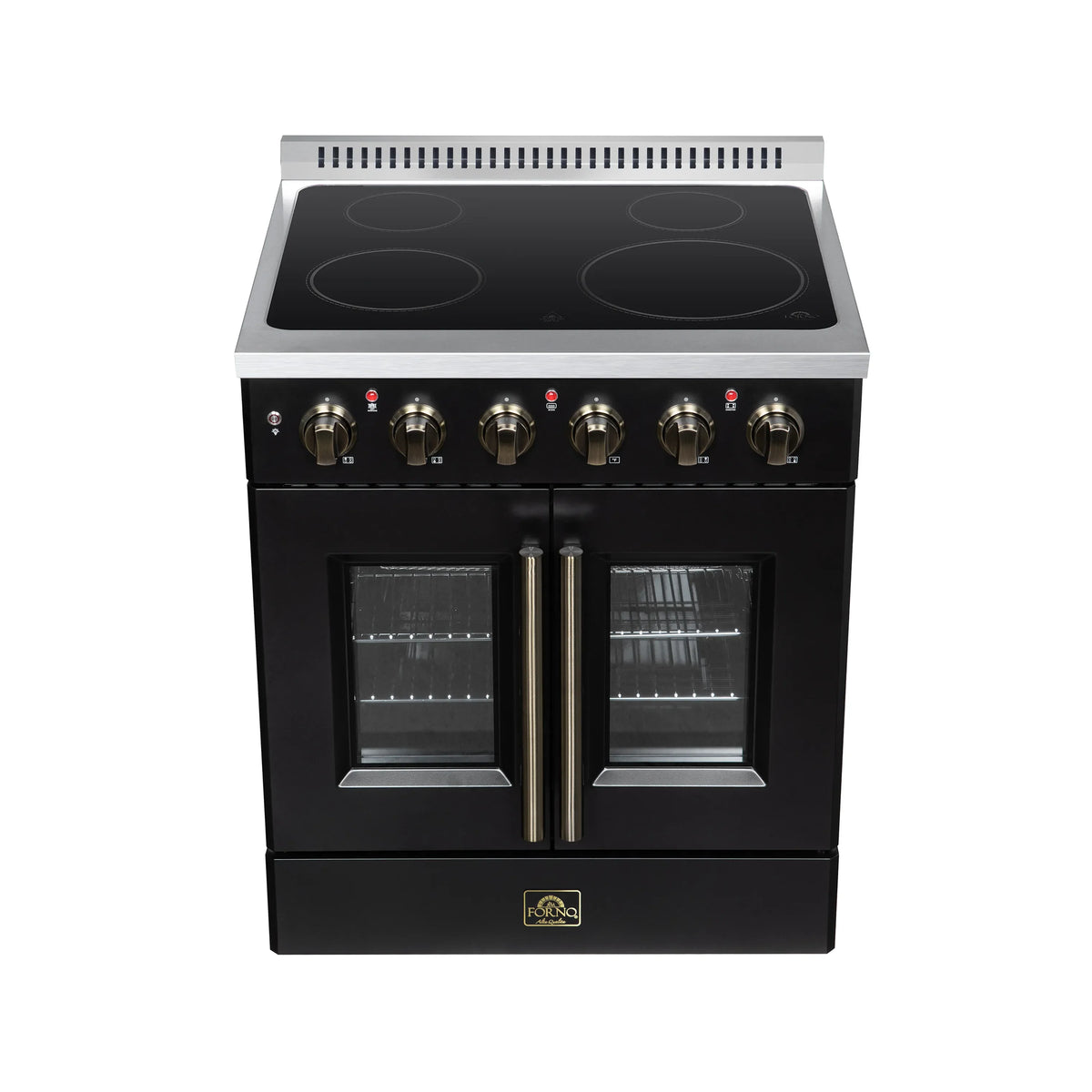 Black electric range with glass radiant cooktop, control knobs, and two oven doors