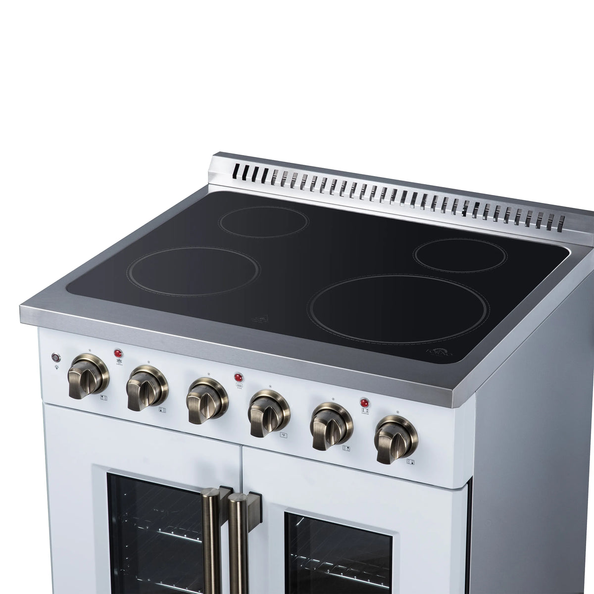 White electric range with black glass radiant cooktop and six metal control knobs
