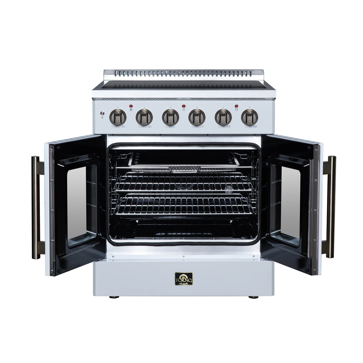 White electric range with both oven doors open, showing black interior