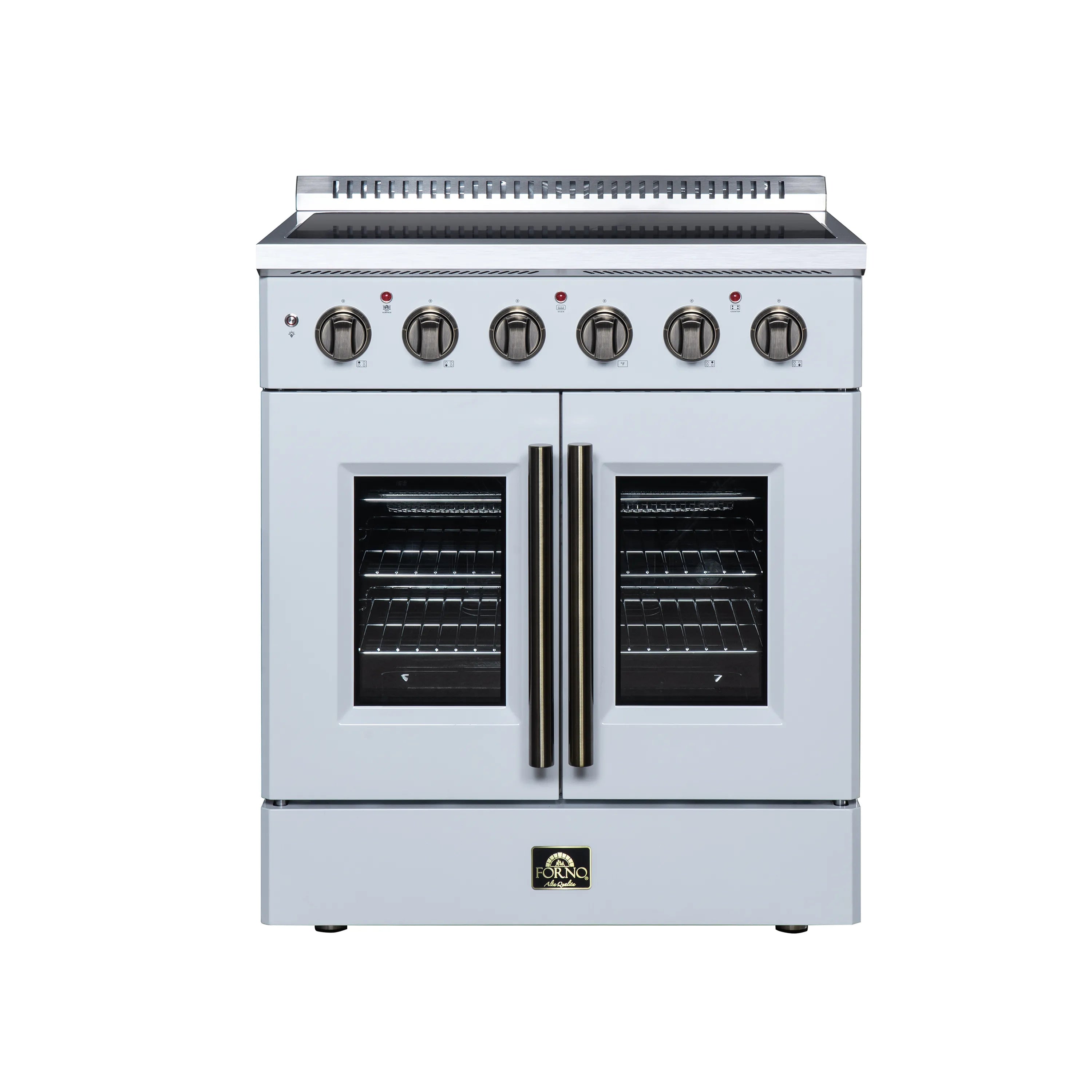 White electric range with six metal cooktop knobs and double oven doors