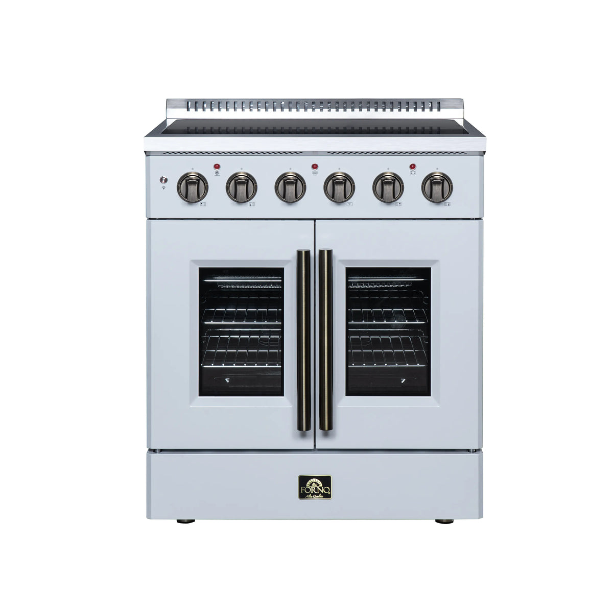 FORNO Galiano 30-Inch French Door Electric Range with 4 Radiant Burners, 4.32 Cu. Ft. True Convection Oven, Air Fryer Kit in White with Antique Brass Trim (FFSEL6917-30WHT)