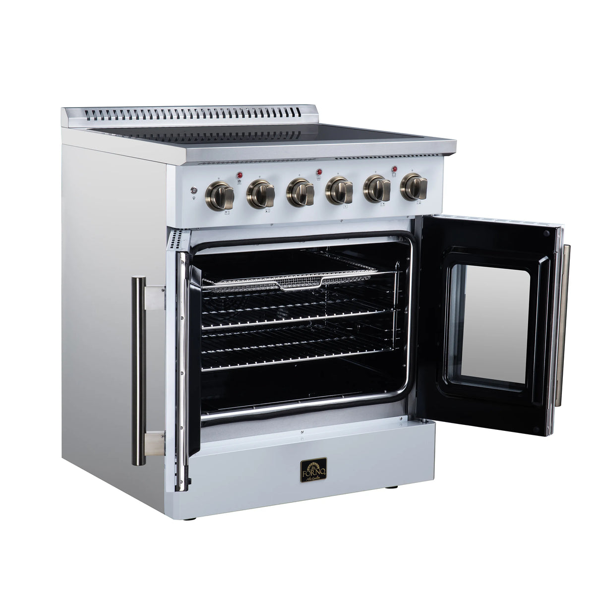 White electric range with one oven door open and two oven windows