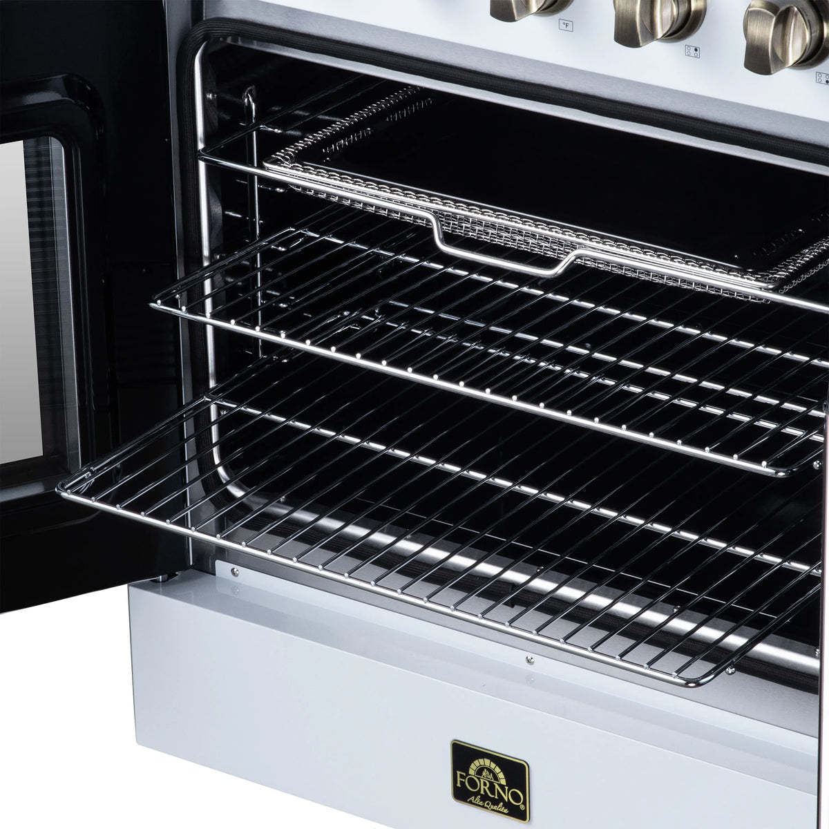 Black oven interior with wire racks and bake element in electric range