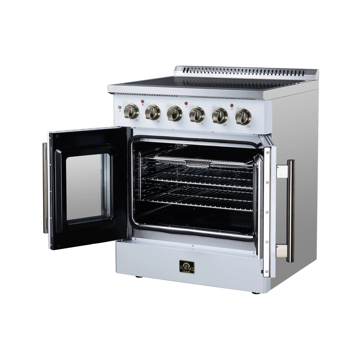 White electric range with oven doors open, showing empty rack inside