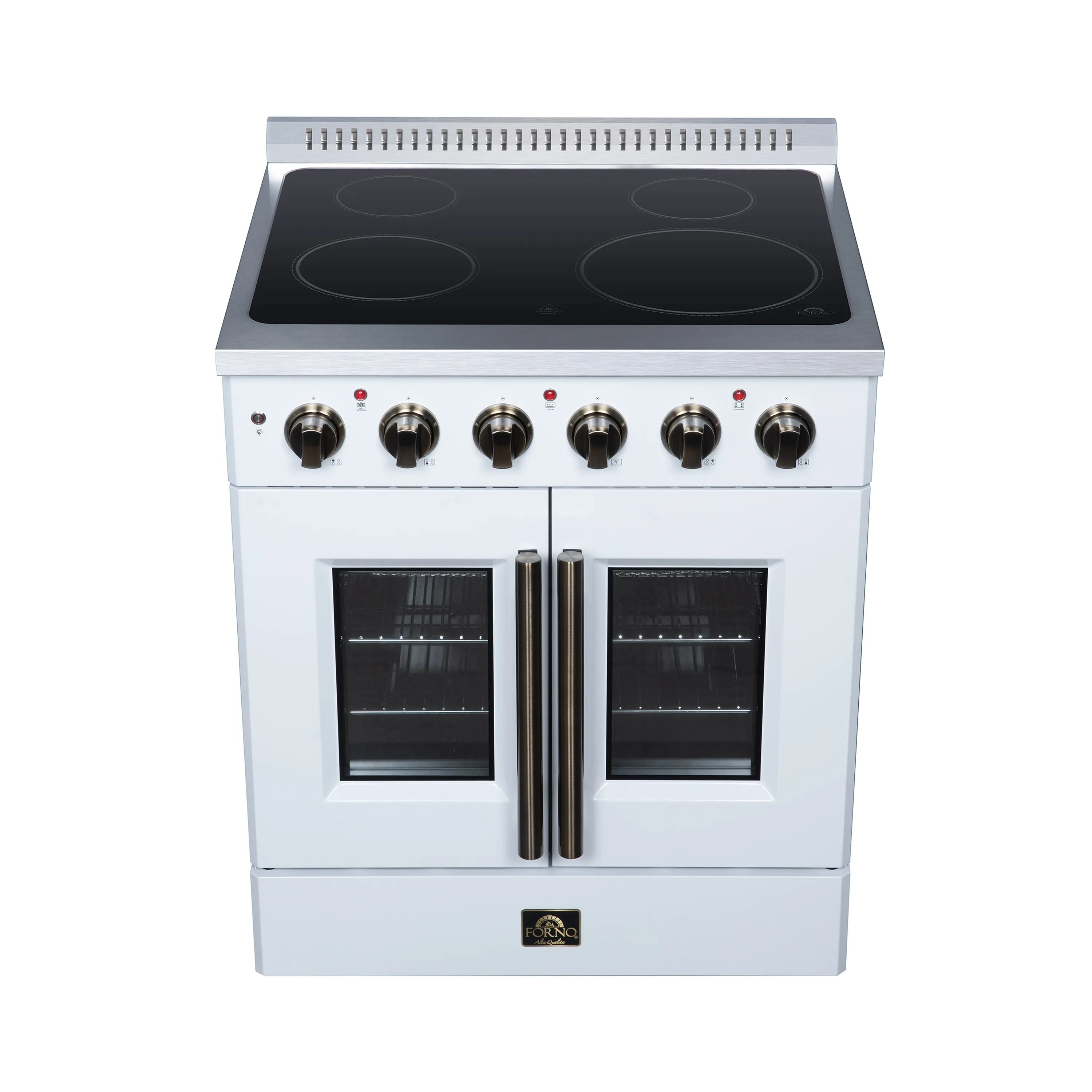 White electric range front with black radiant cooktop and six control knobs
