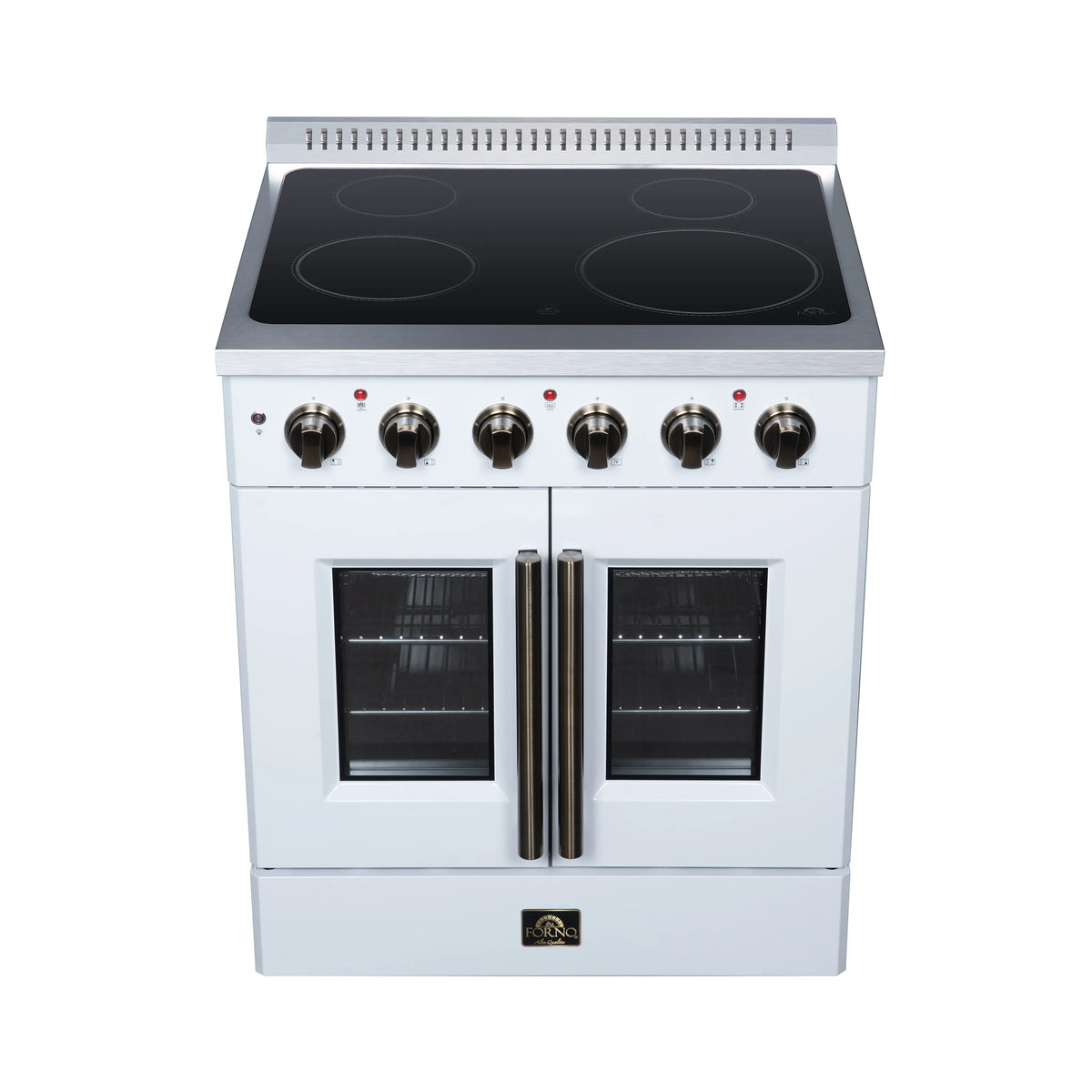 White electric range front with black radiant cooktop and six control knobs