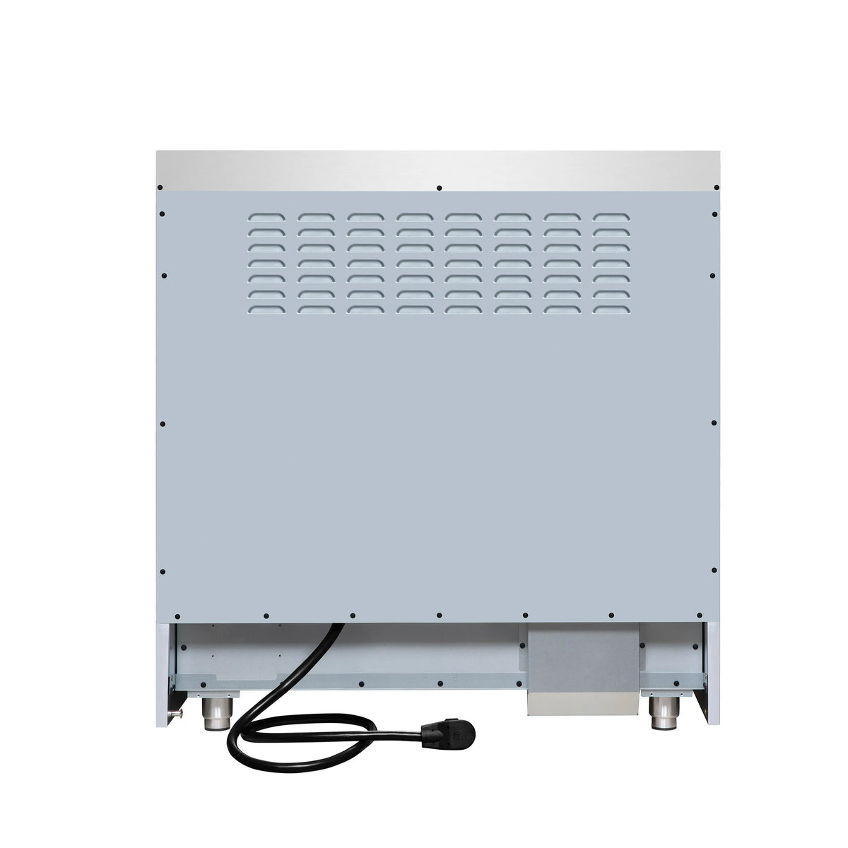 Black electric range rear panel with vent openings and attached power cord