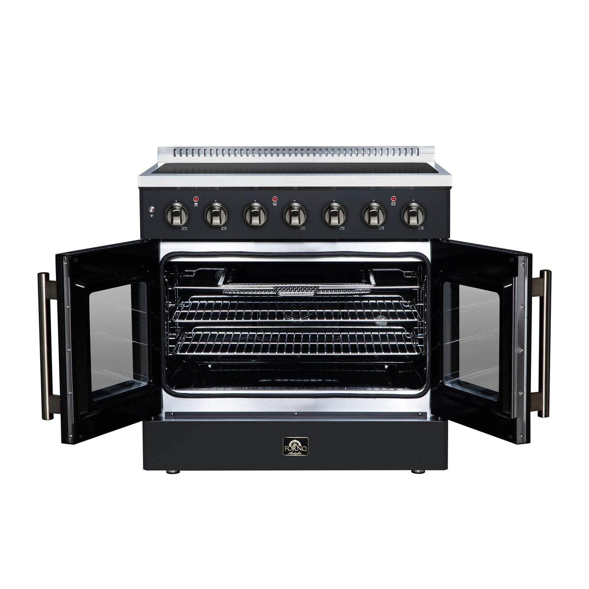 Black electric range with both oven doors open, gold handles, visible racks and cavity