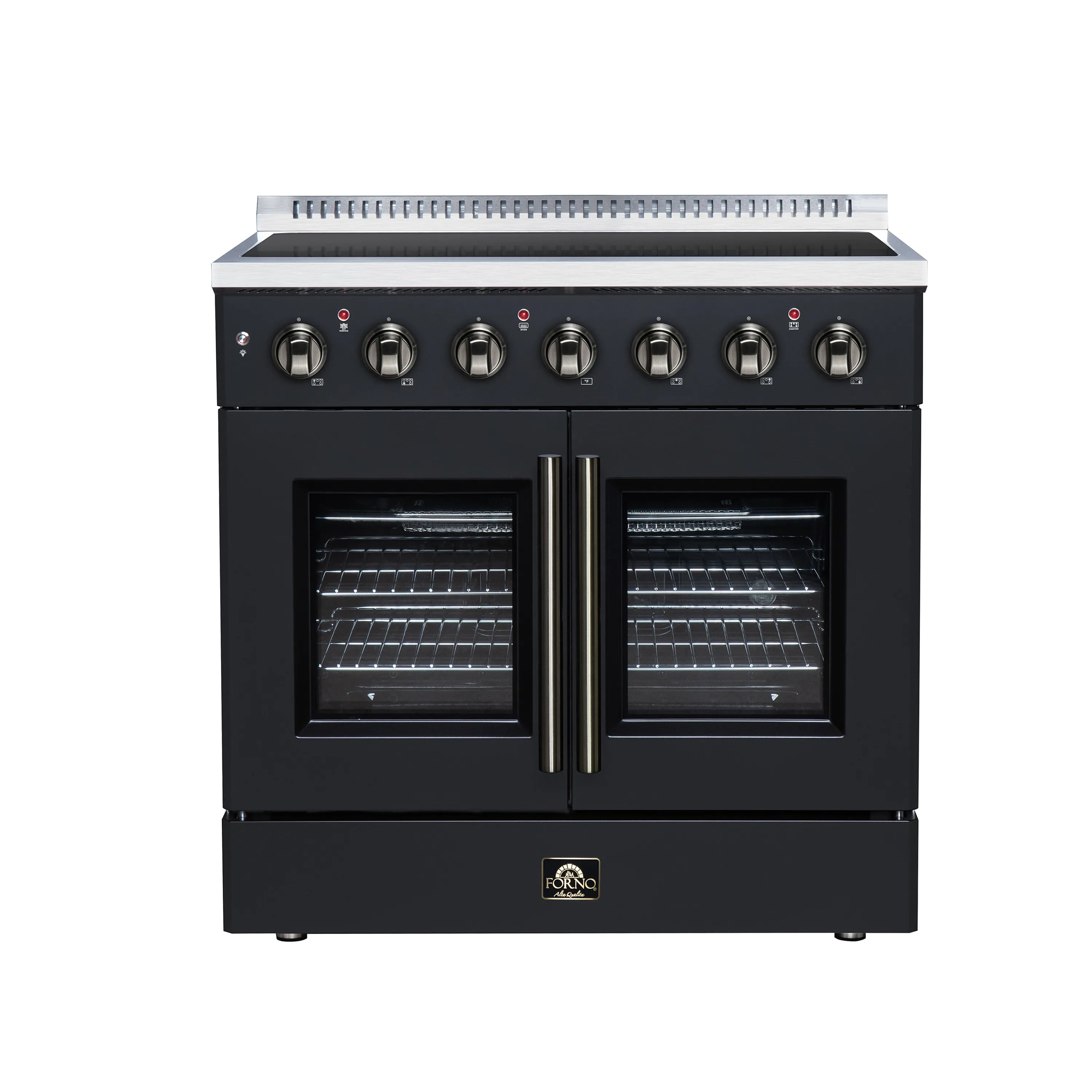 Black electric range with French doors, gold handles, and radiant burner control knobs