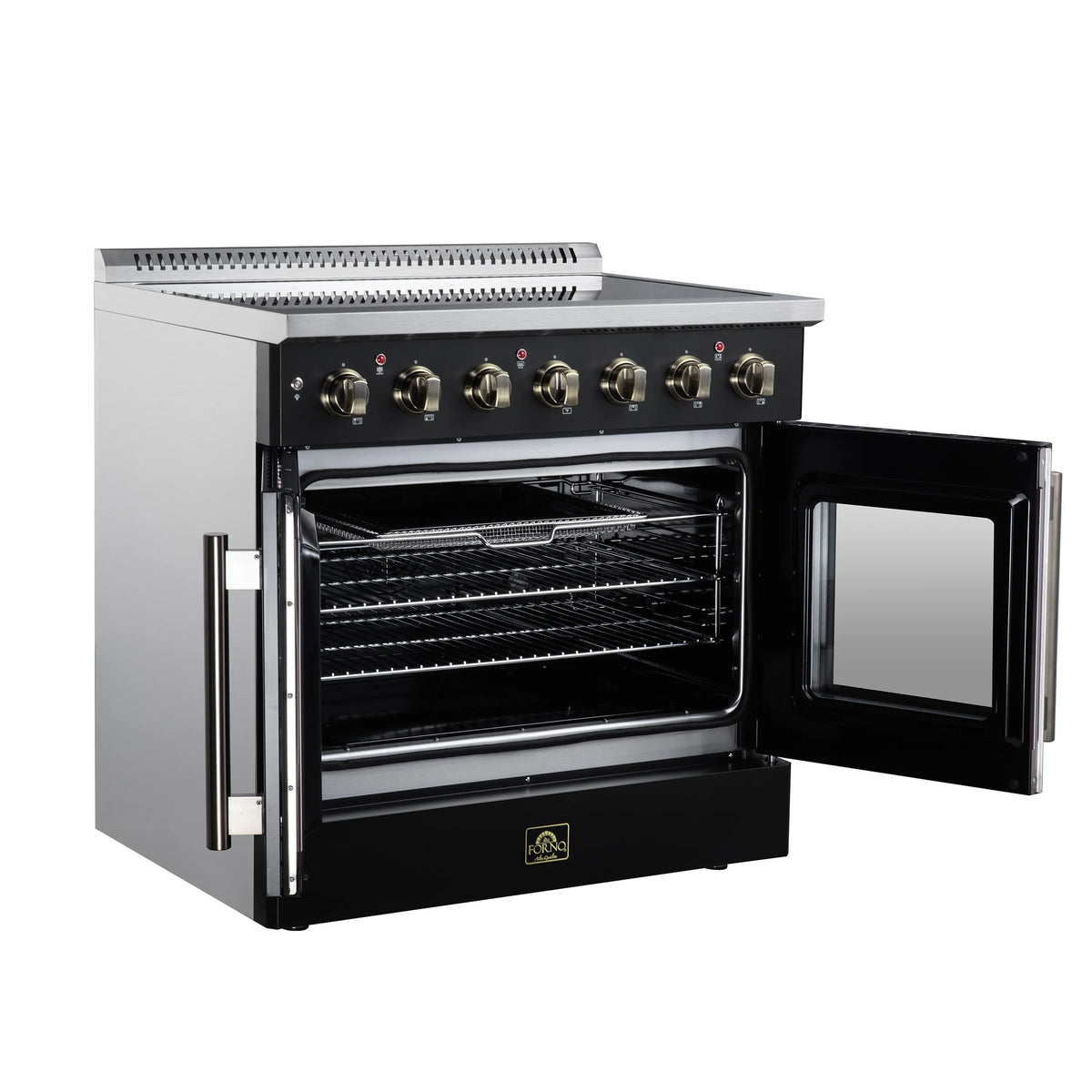 Black electric range with one oven door open, wire racks inside, gold trim handles