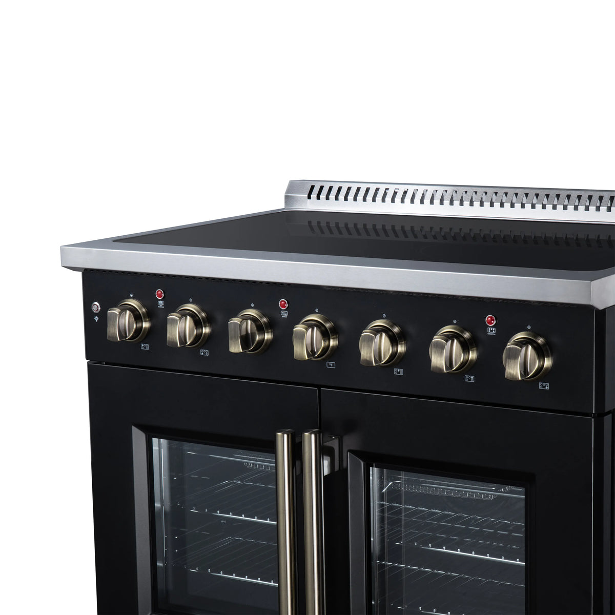 Black electric range front view with gold burner knobs and French-door oven doors