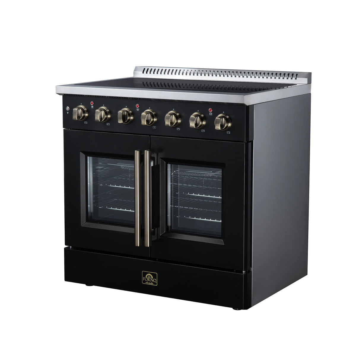 Black electric range with French doors and gold center handle, radiant burner control knobs