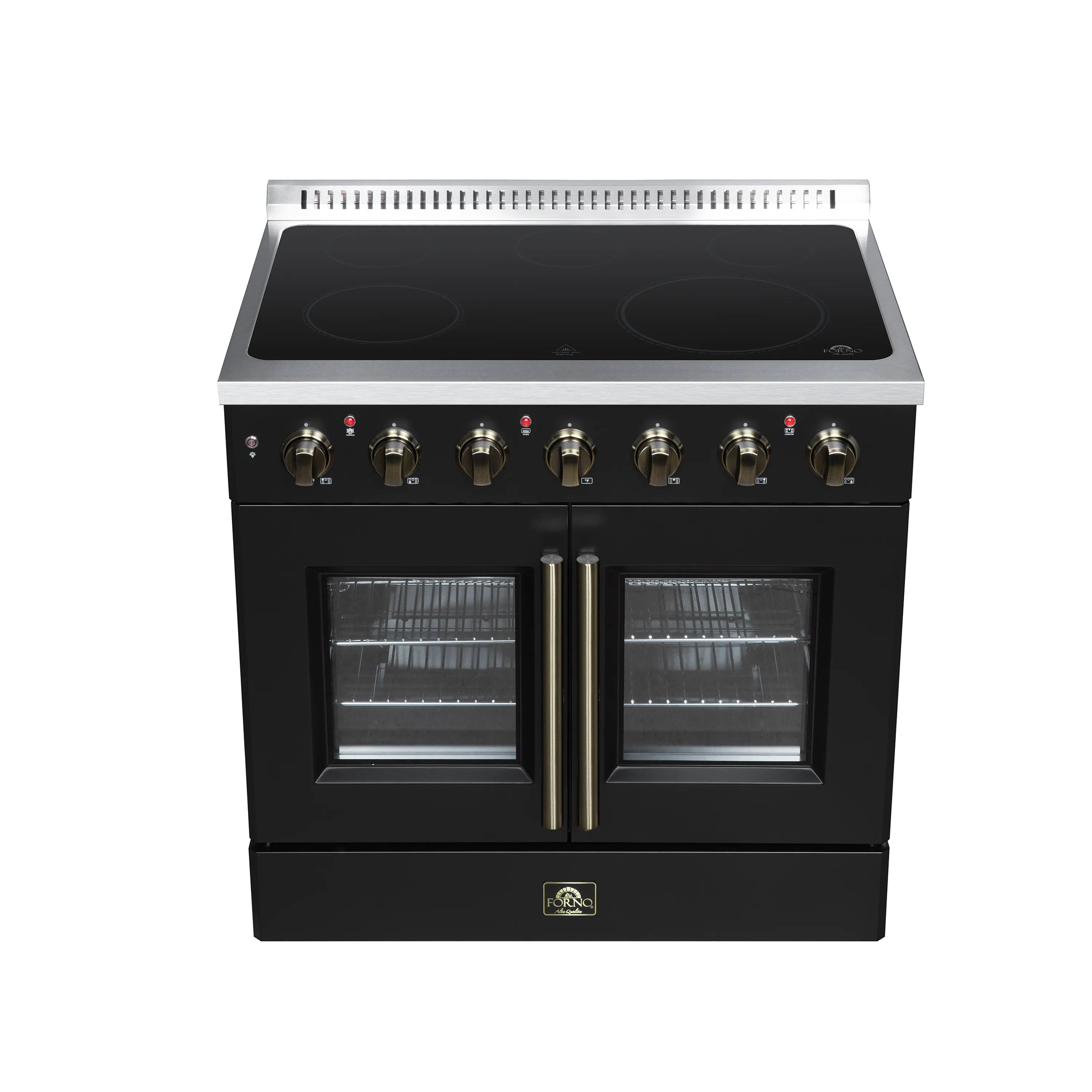 Black French door electric range with radiant cooktop burners and antique brass-trimmed doors