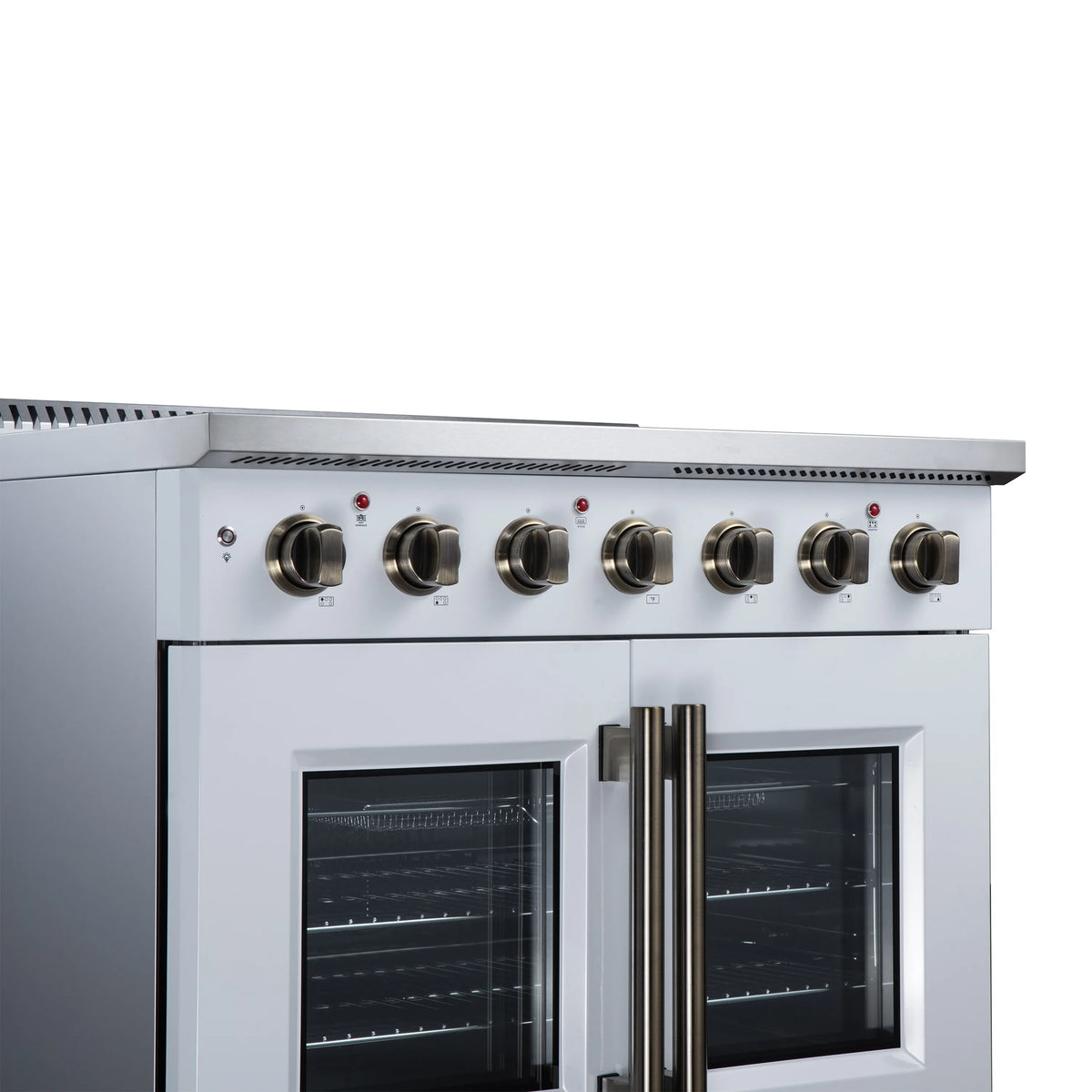 White electric range control panel with brass knobs and twin oven doors