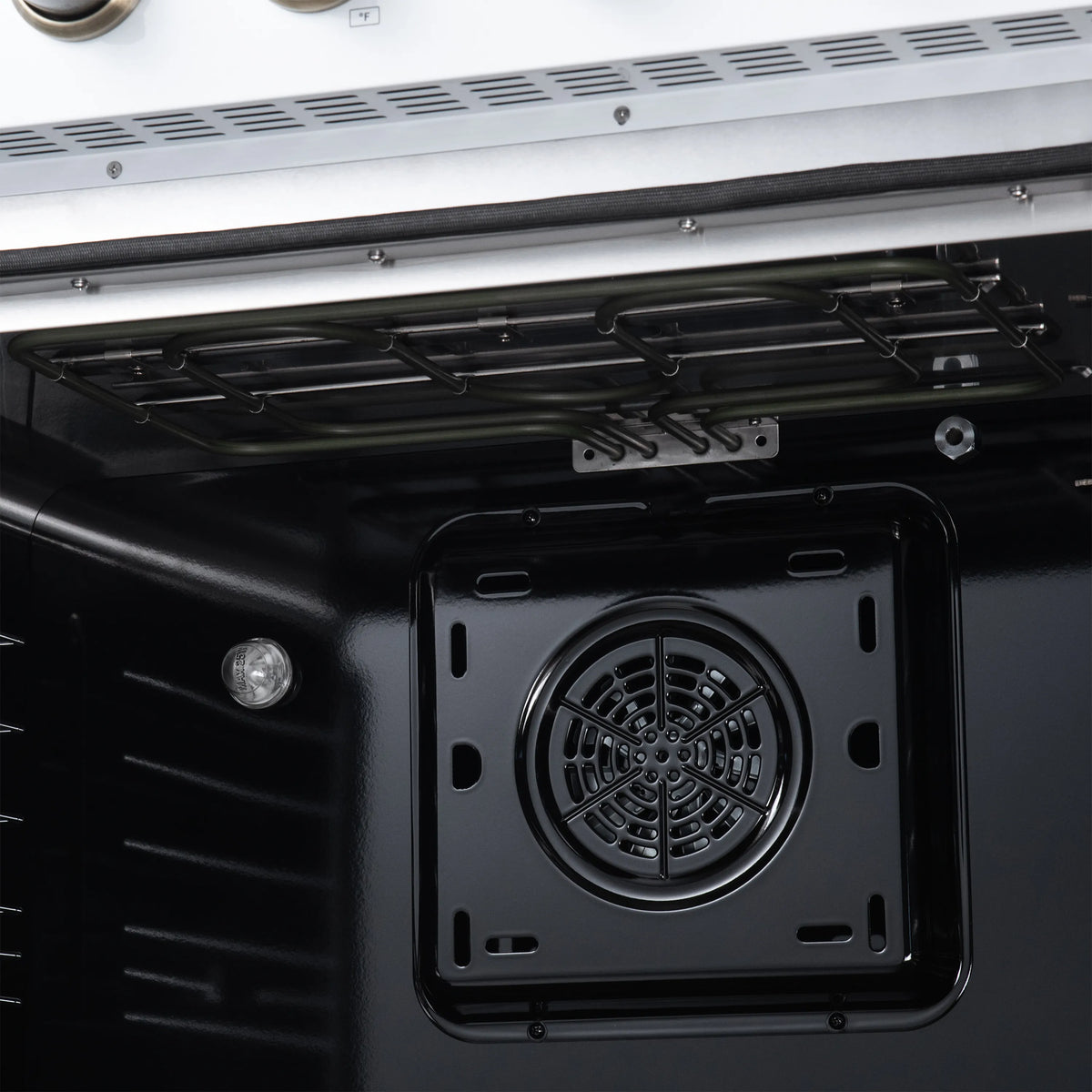 Oven cavity with circular fan and removable air-fry insert on black metal base