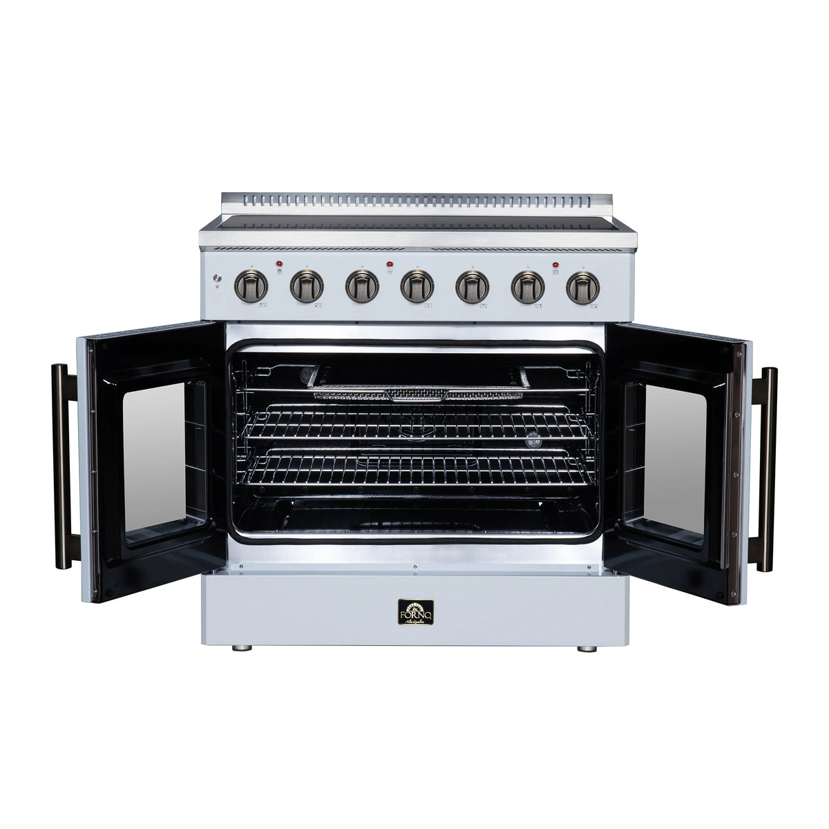White electric range with French doors open to reveal black convection oven interior