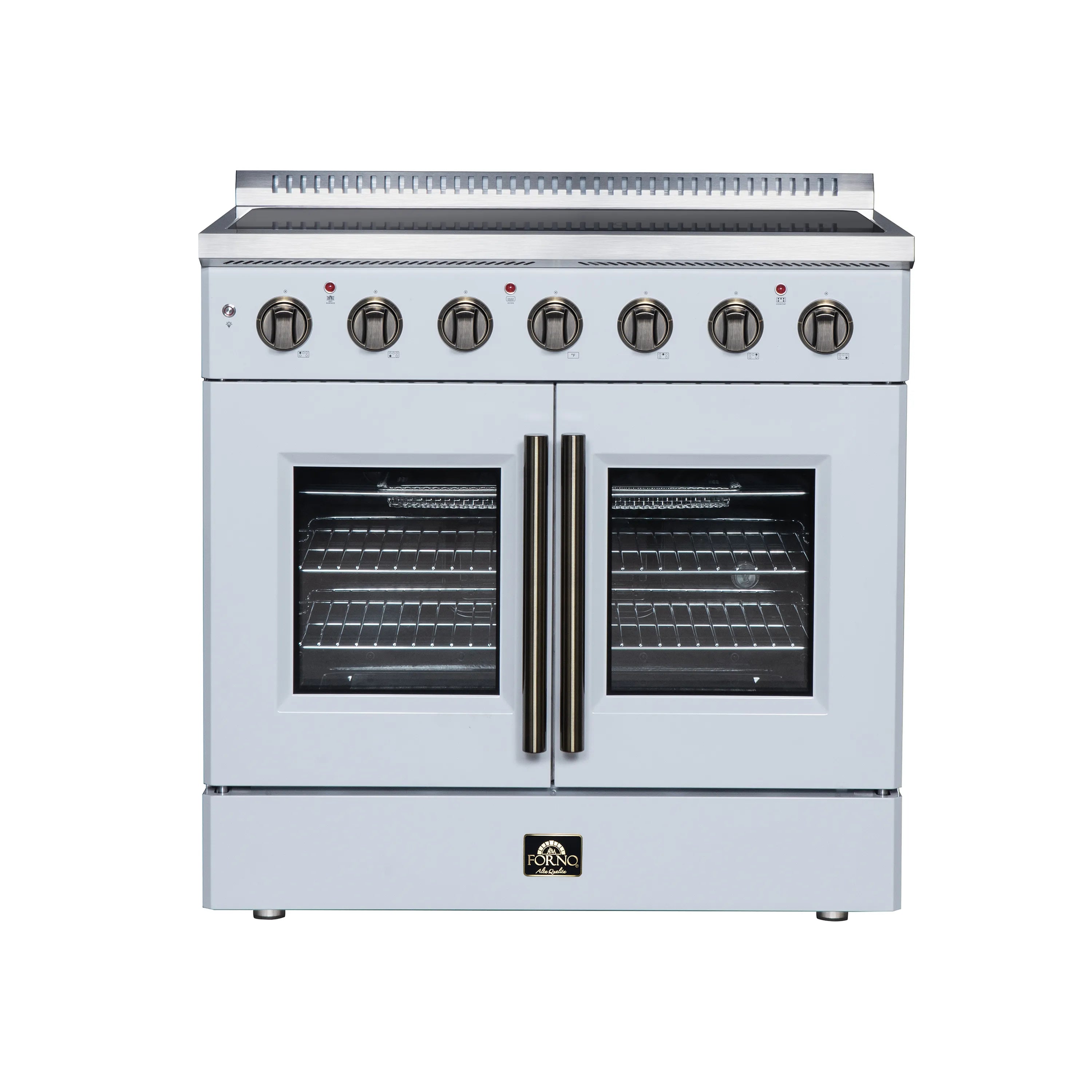 White electric range with double French doors, radiant burners, and brushed metal knobs