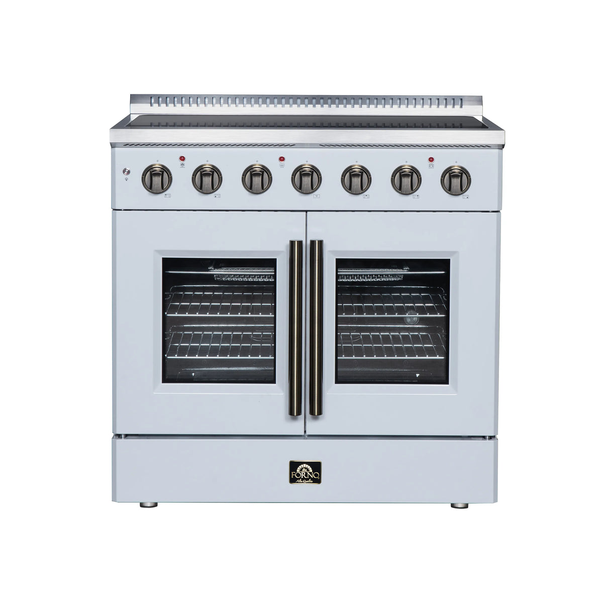 FORNO Galiano 36-Inch French Door Electric Range with 5 Radiant Burners, 5.36 Cu. Ft. True Convection Oven, Air Fryer Kit in White with Antique Brass Trim (FFSEL6917-36WHT)