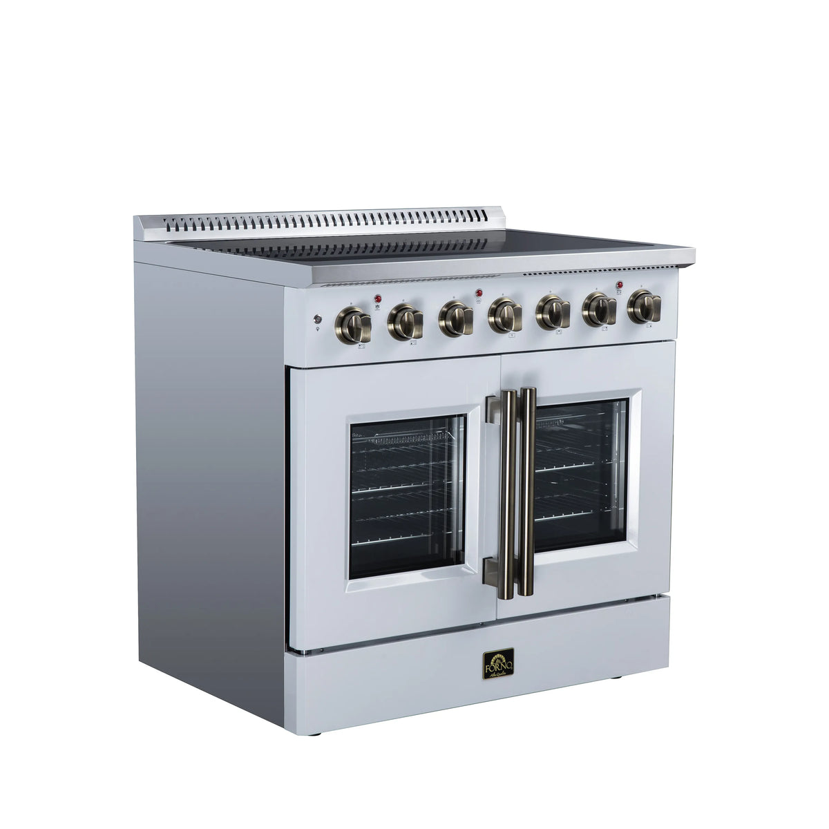 White electric range showing control knobs, backsplash vents, and double French doors