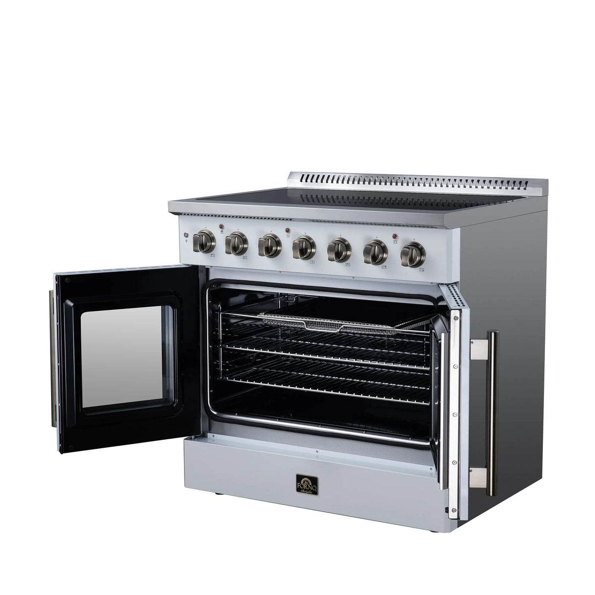 White electric range with oven door swung open, wire rack inside, and side handle