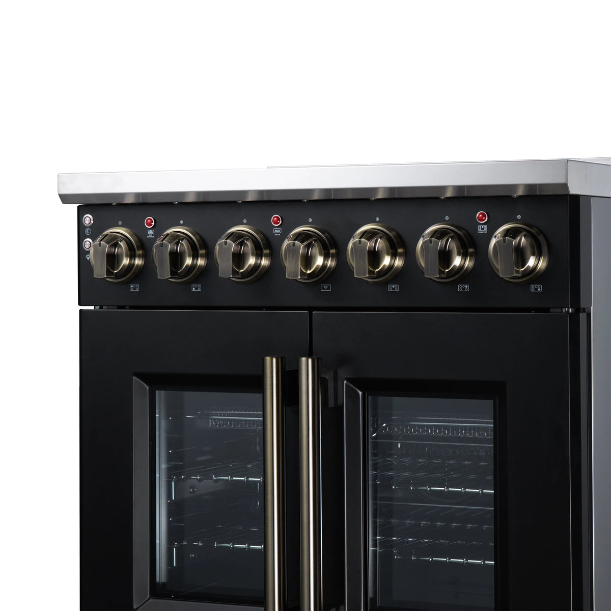 FORNO black electric range front with brass knobs, French doors, and center handle