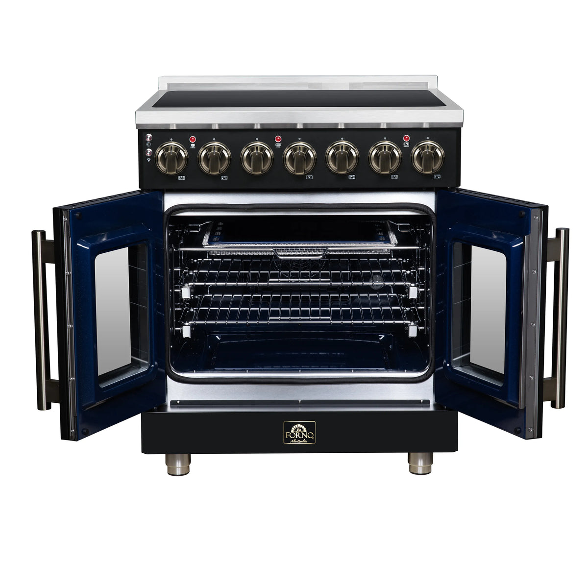 FORNO Massimo electric range with French doors open and convection oven interior