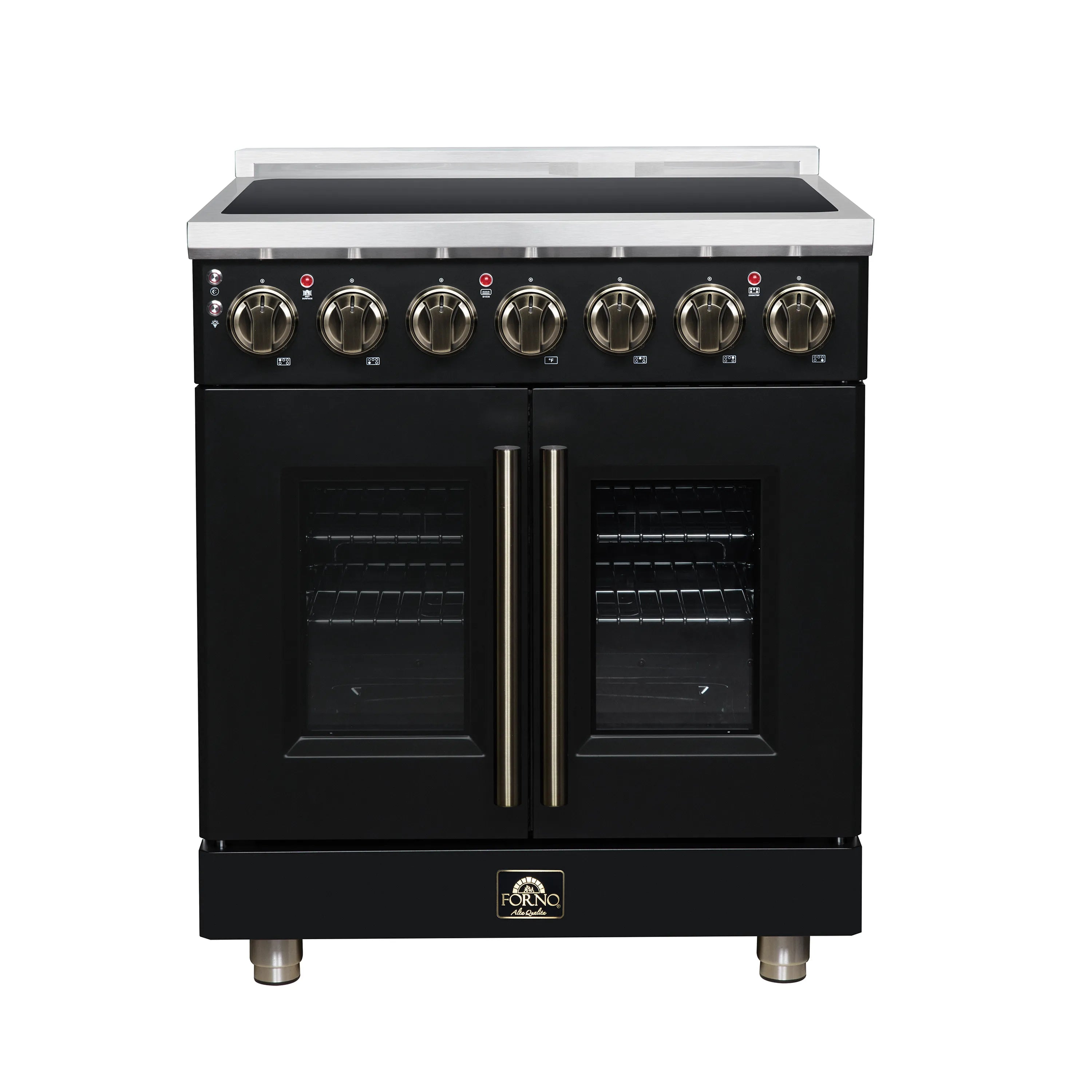 FORNO Massimo 30-inch black electric range with French doors and brass knob trim