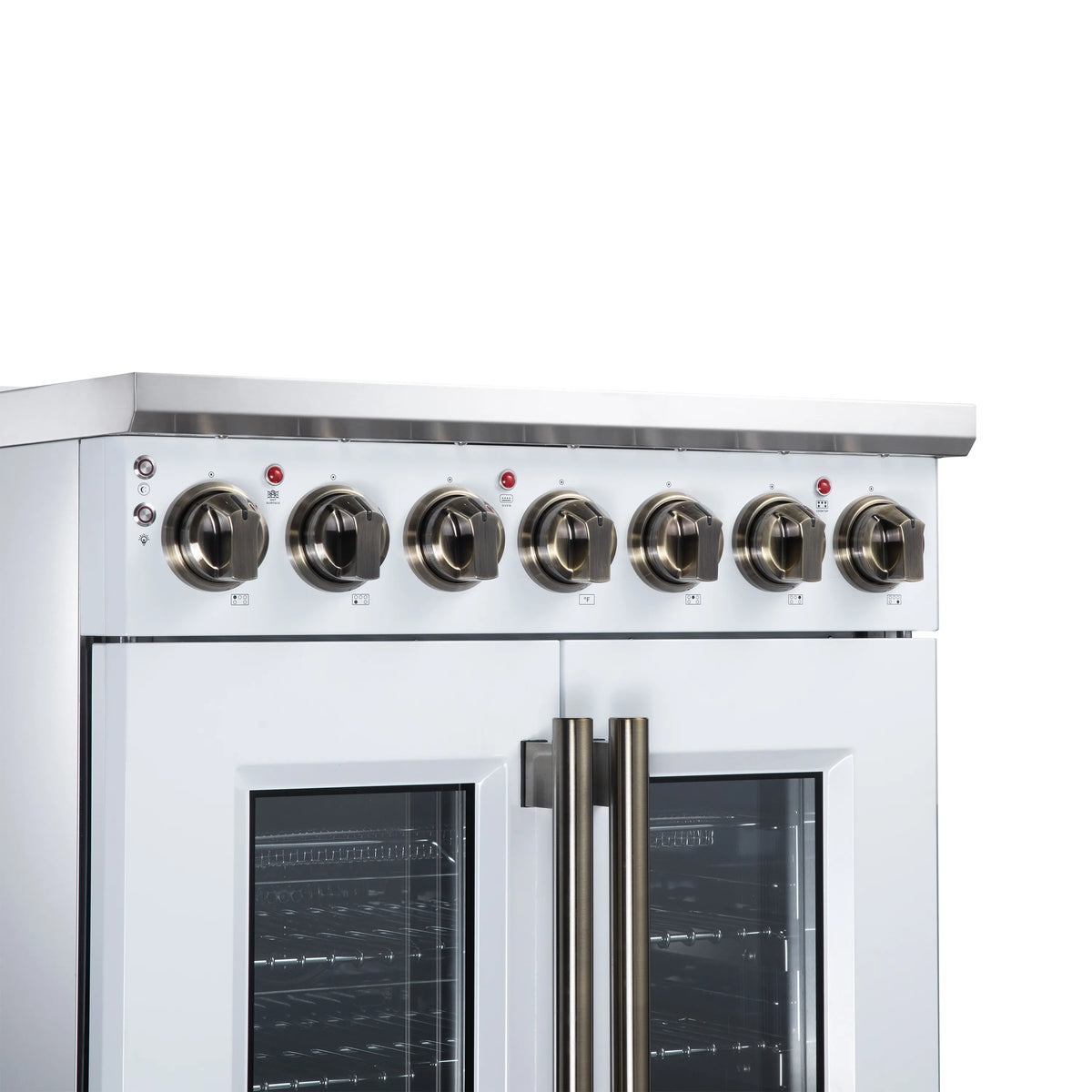 White electric range control panel with burner knobs and French-door oven windows