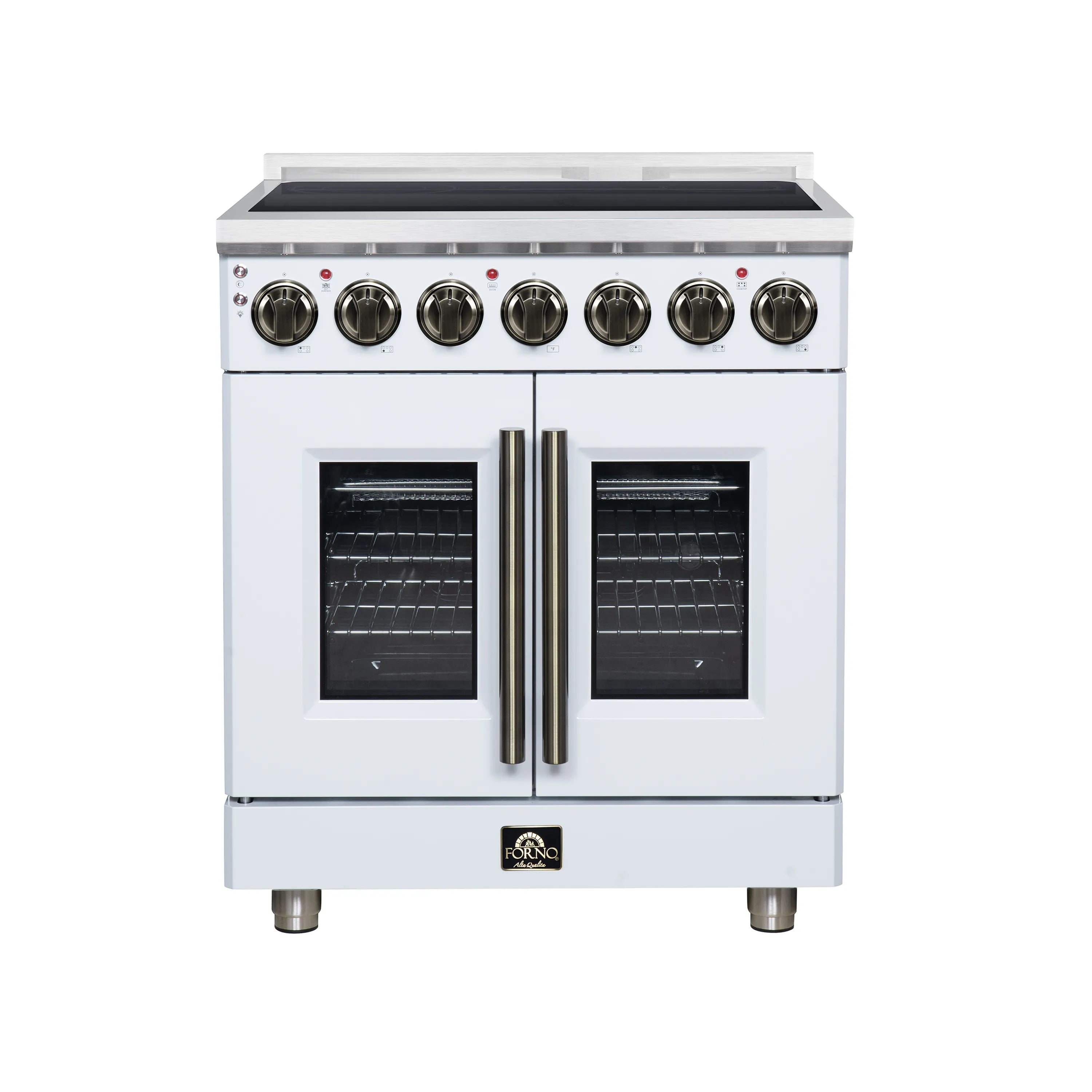 White electric range with dual French doors, radiant burner knobs, and stainless trim