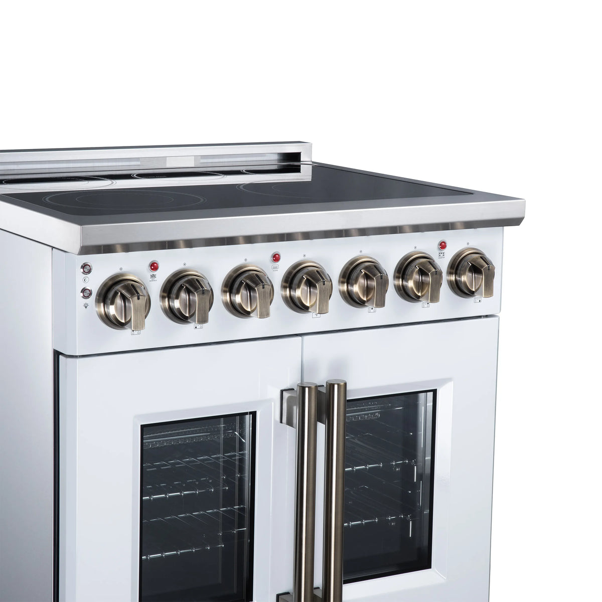 White electric range cooktop with radiant burners and brass-finish control knobs