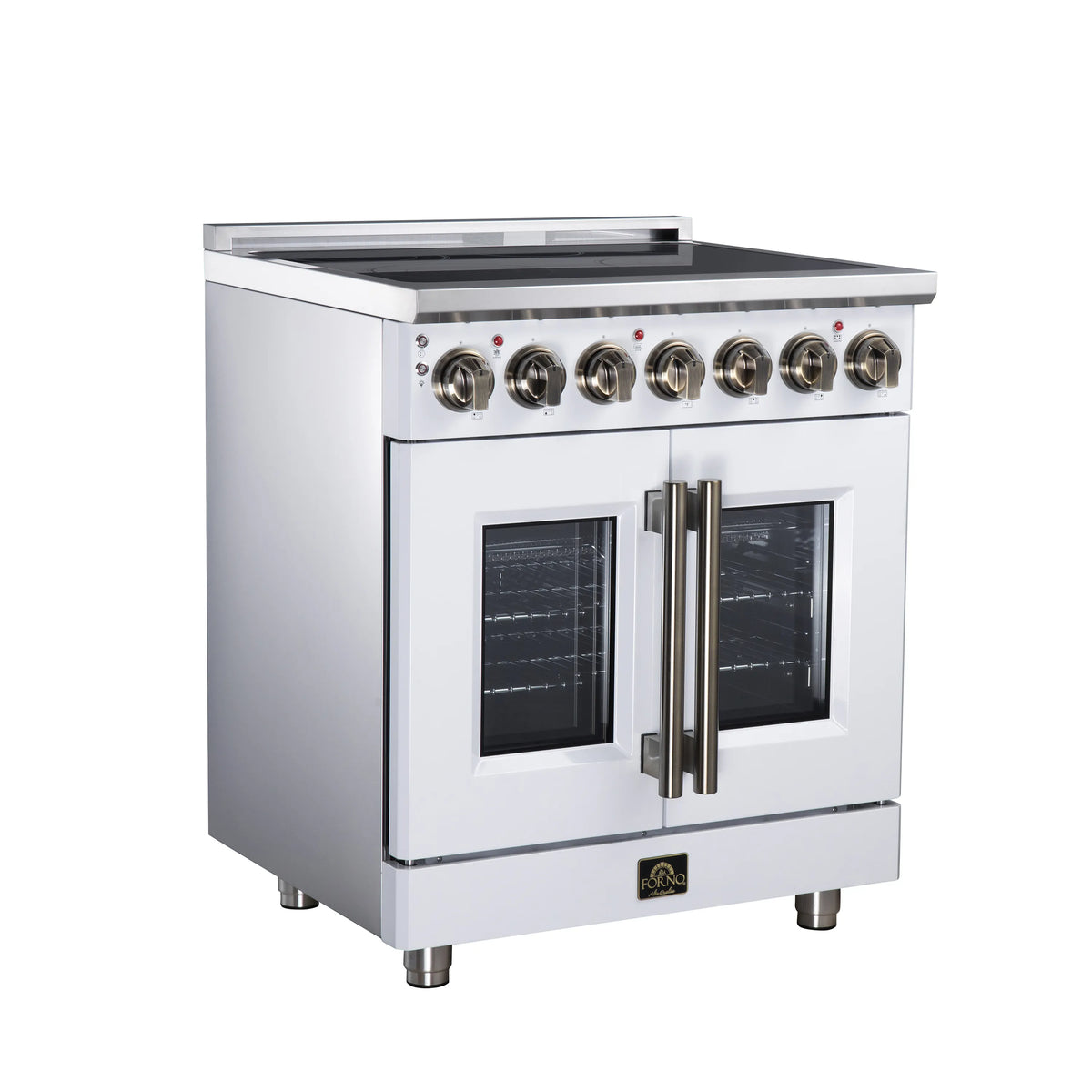 White electric range with dual oven windows and radiant burner control knobs