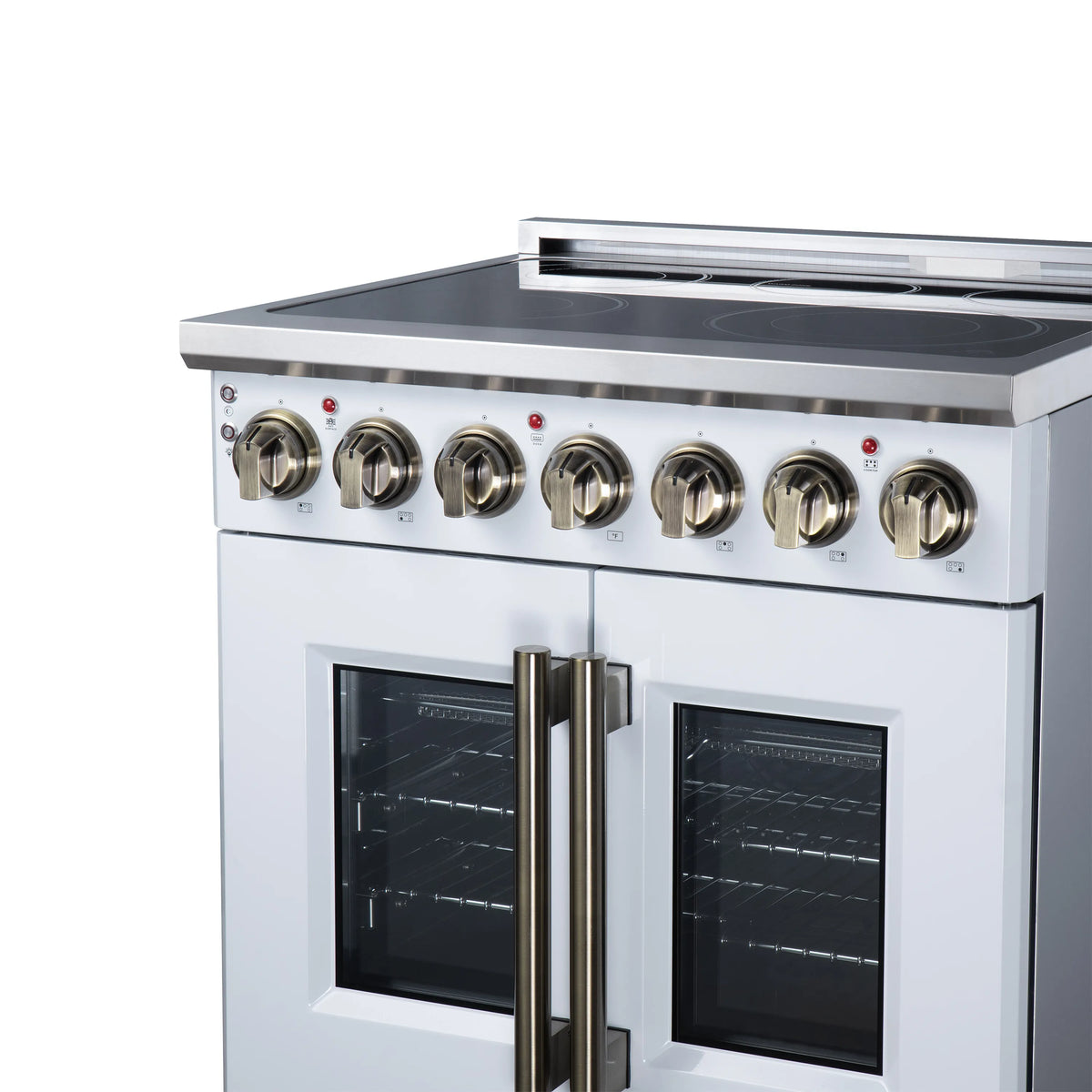 White electric range front with radiant burner knobs and two oven windows
