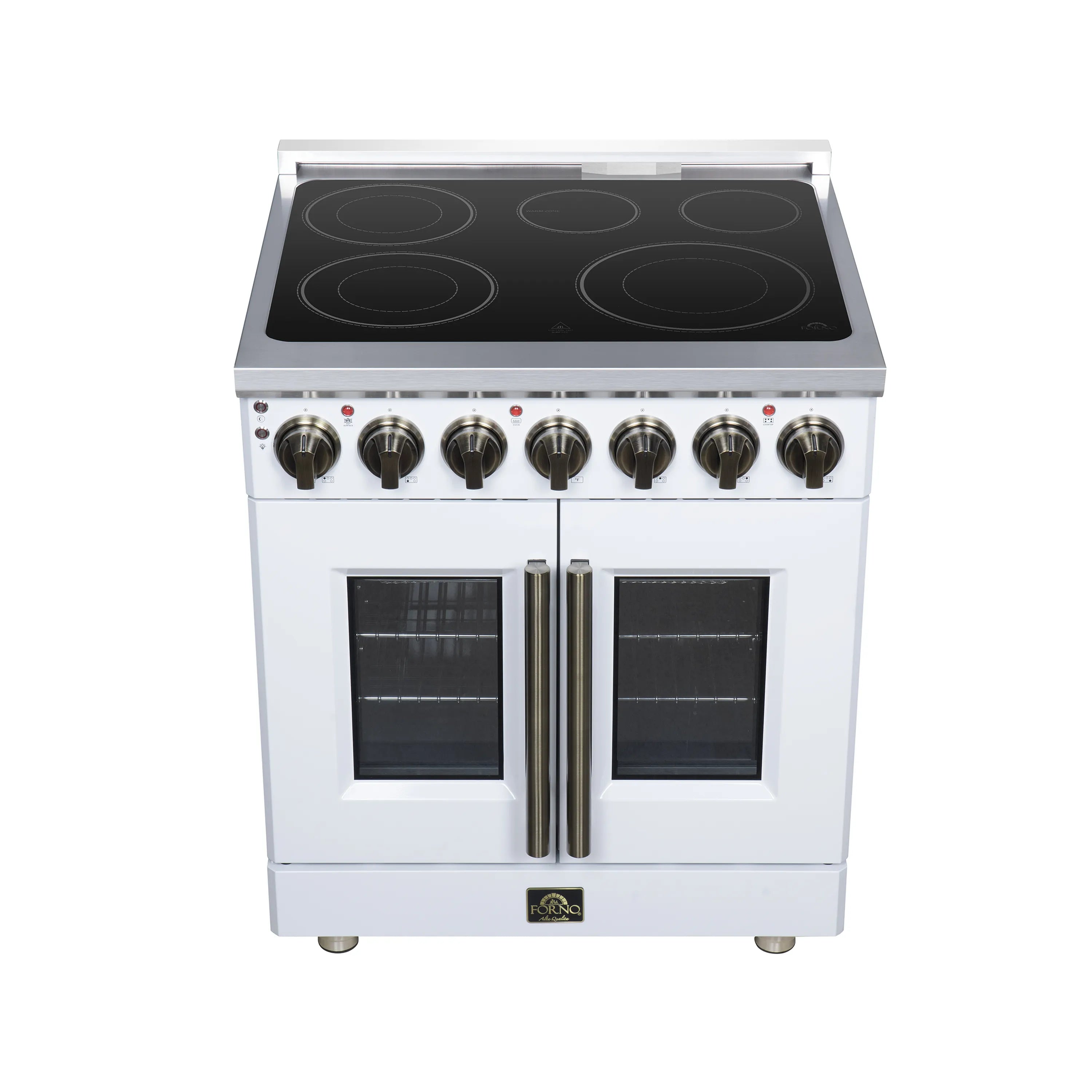 White electric range with French doors, radiant cooktop and antique brass center handle