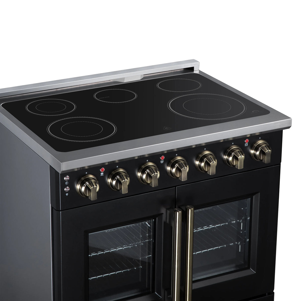 Black electric range with radiant cooktop and open double oven doors with stainless trim