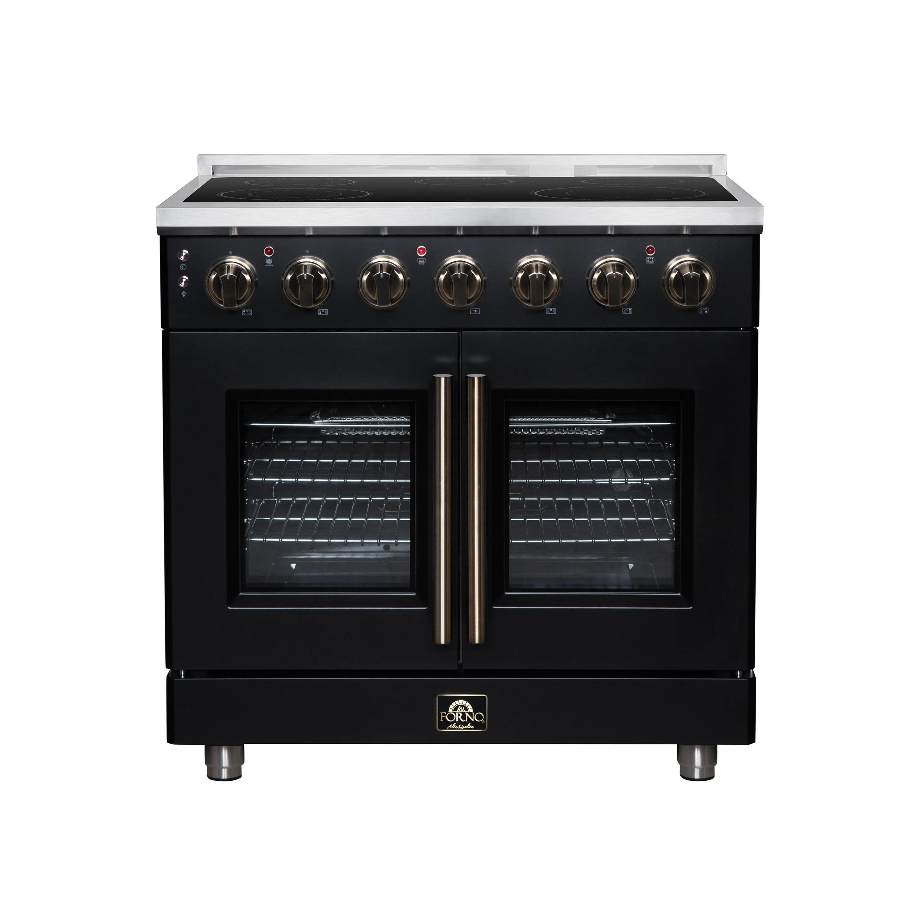 Black 36-inch electric range with double doors, stainless trim, and knob controls