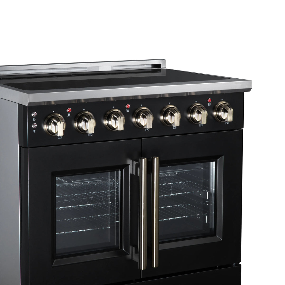 Black electric range top controls with stainless knobs and two glass oven doors