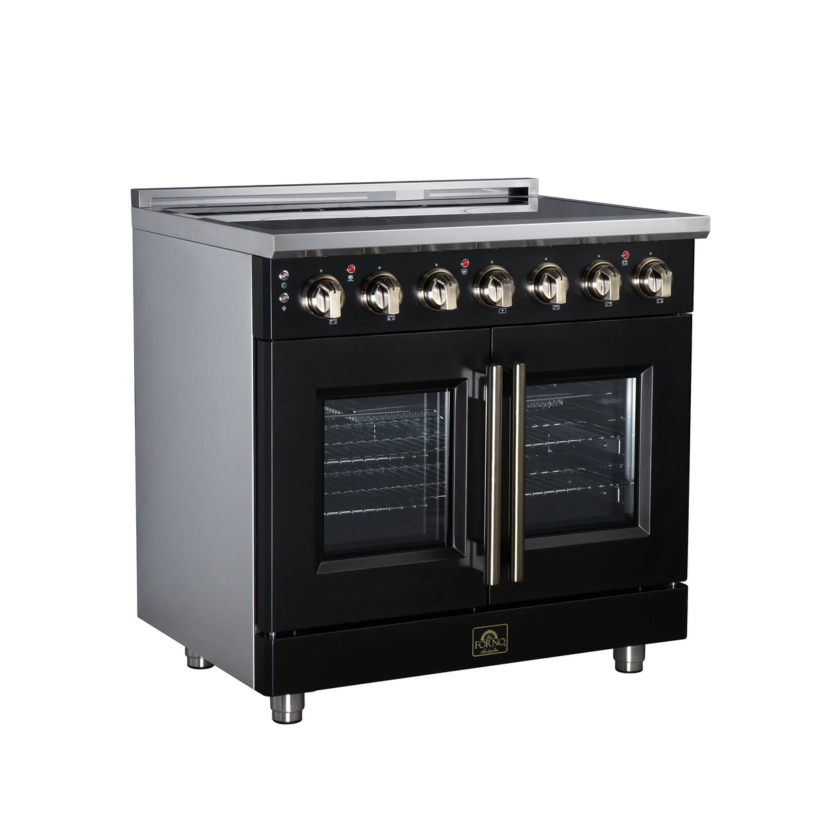 Black electric range with two ovens, stainless handles, and backguard control knobs