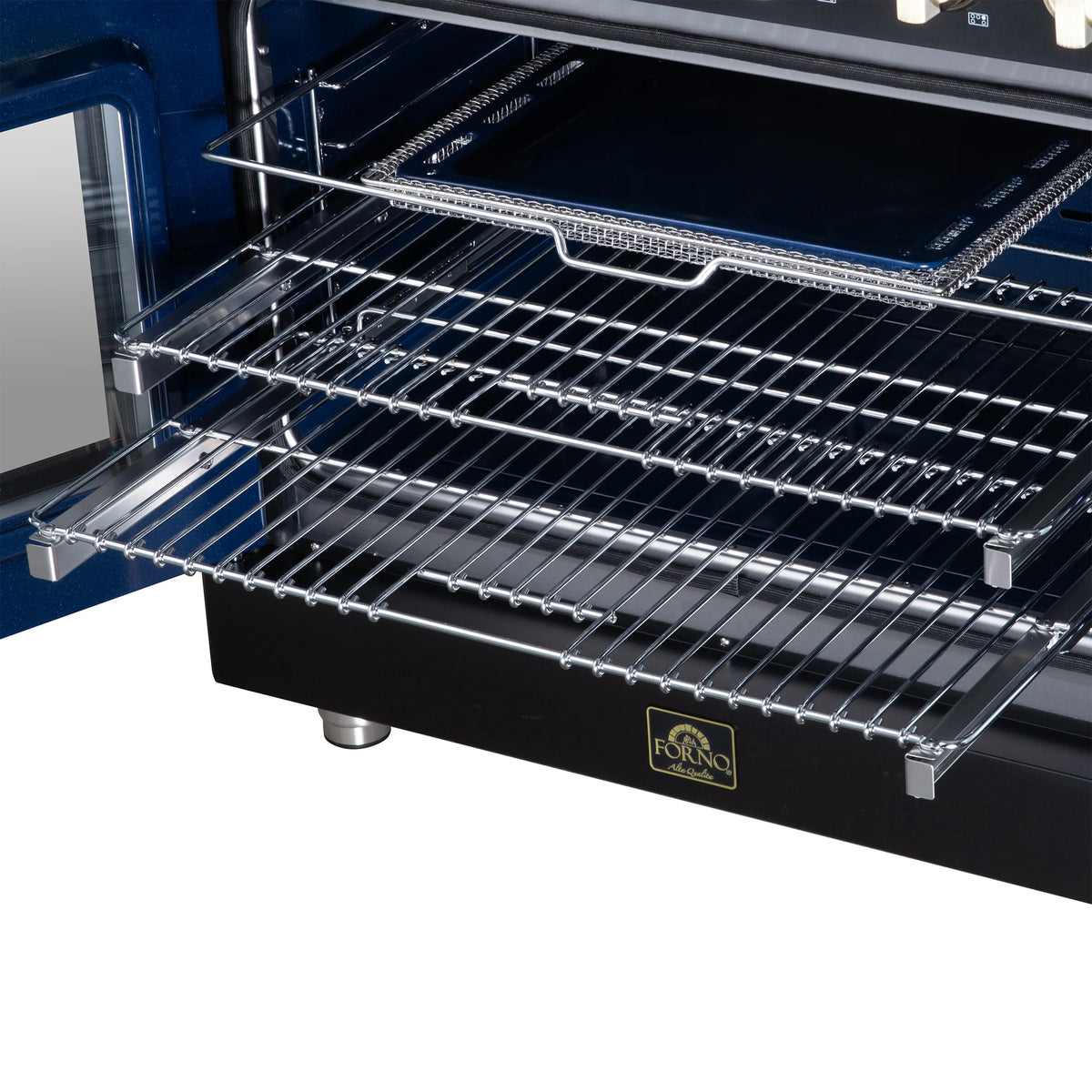 Electric range oven door shelf with wire rack and metal drip tray