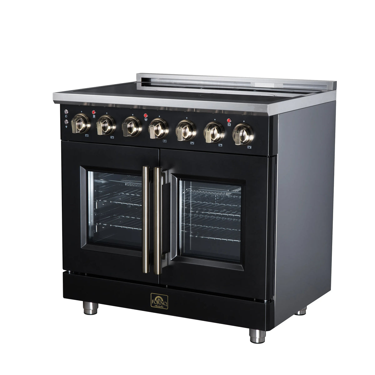 Black electric range with double glass oven doors, stainless handles, and knob panel